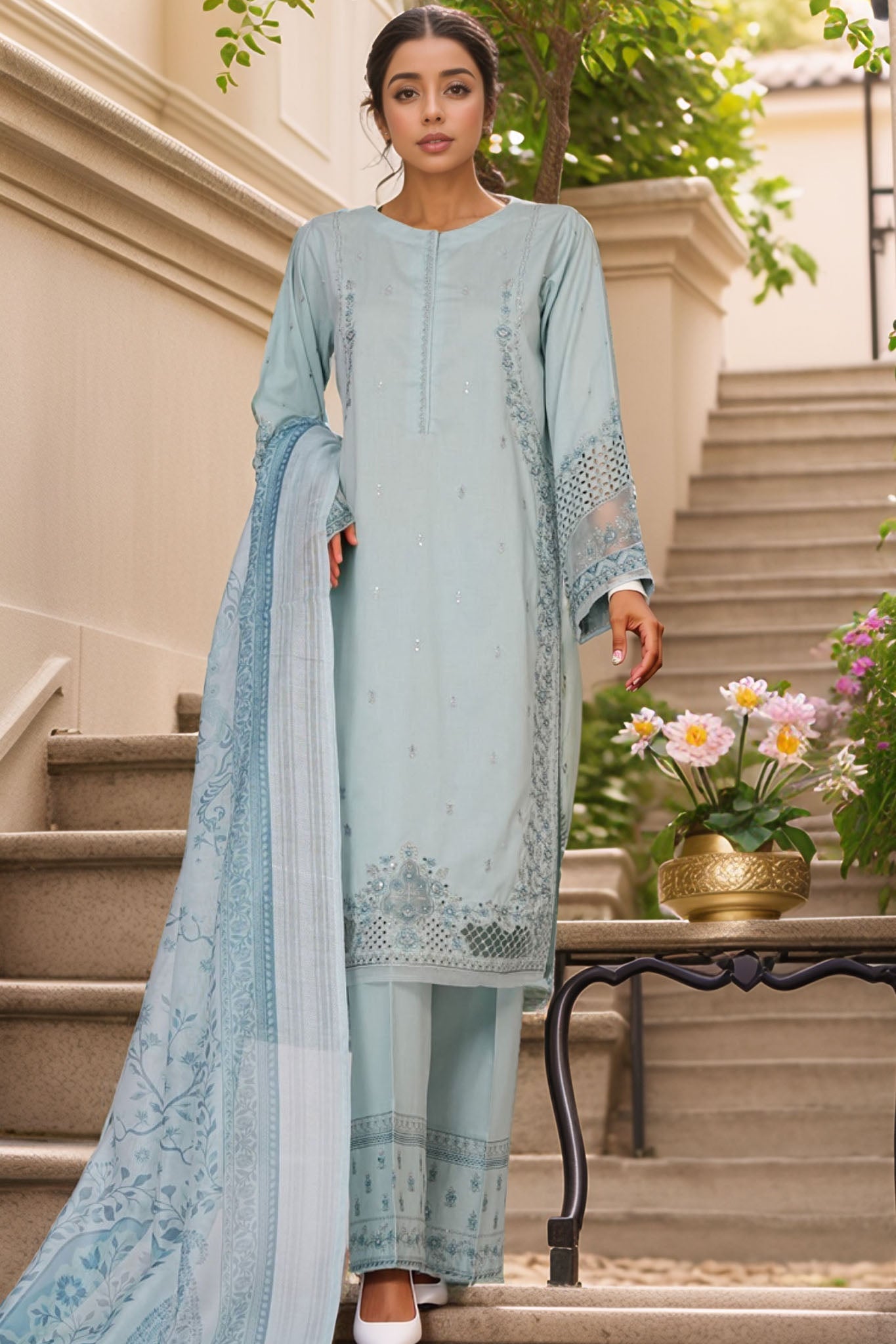 Muse By HZ Stitched 3 Piece Emb Self Cotton Jacquard Vol-05 Collection'2025-SSJ-2504-Aqua Blue