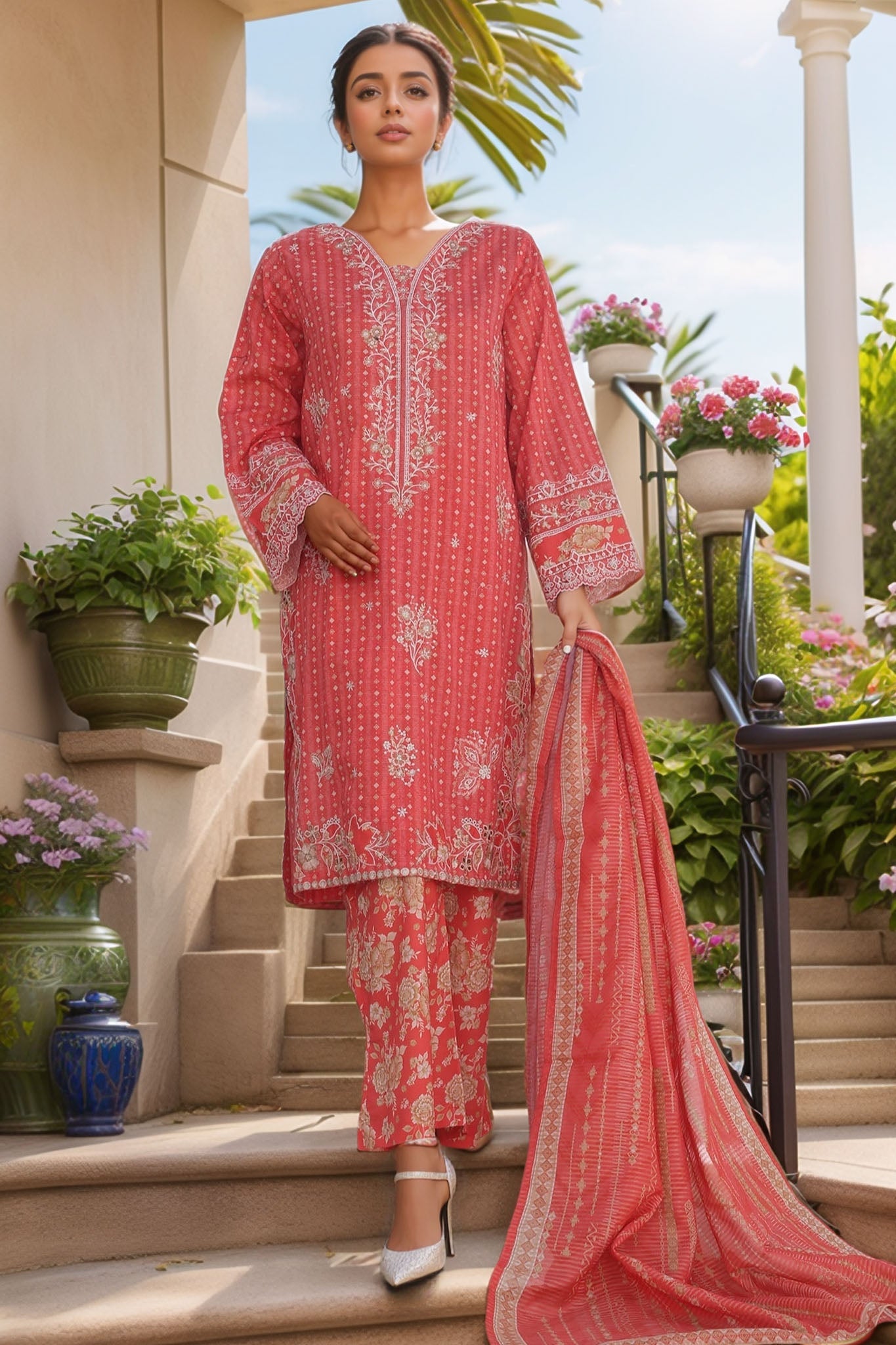 Bin Saeed Stitched 3 Piece Luxury Self and Stripe Vol-02 Collection'2025-SM-1962-Pink