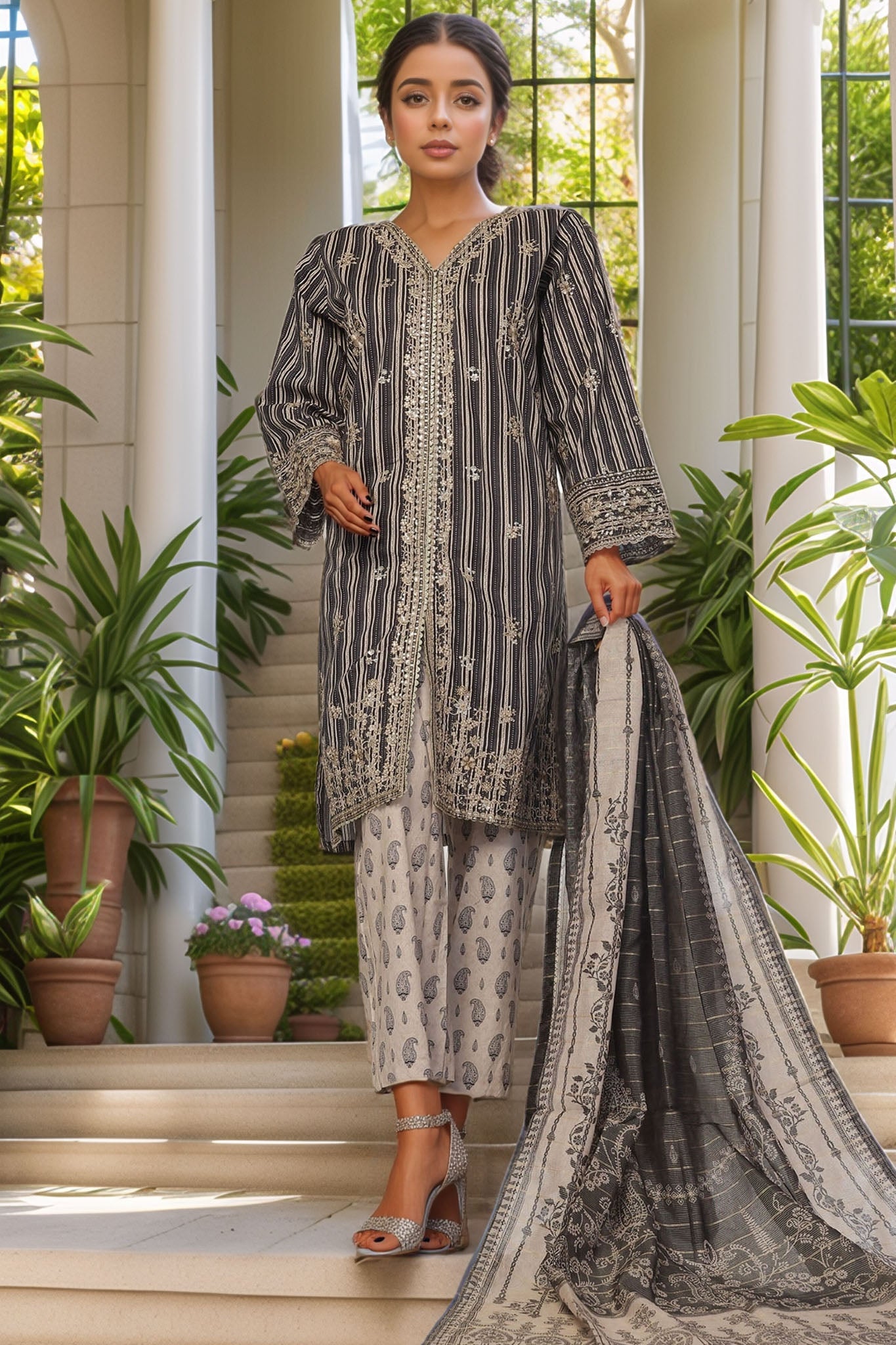 Bin Saeed Stitched 3 Piece Luxury Self and Stripe Vol-02 Collection'2025-SM-1961-Black