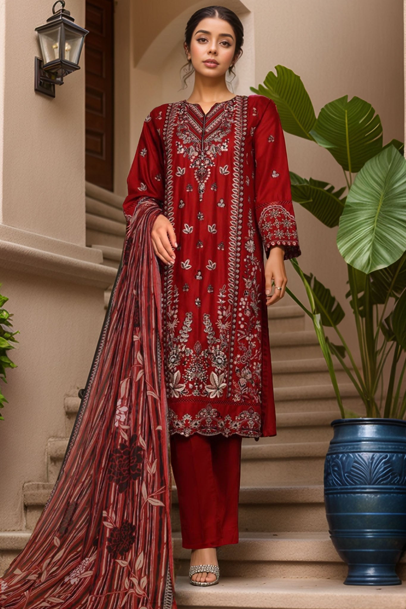 Bin Saeed Stitched 3 Piece Luxury Plain Cotton With Chiffon Dupatta Collection'2025-SMPC-1875-Red