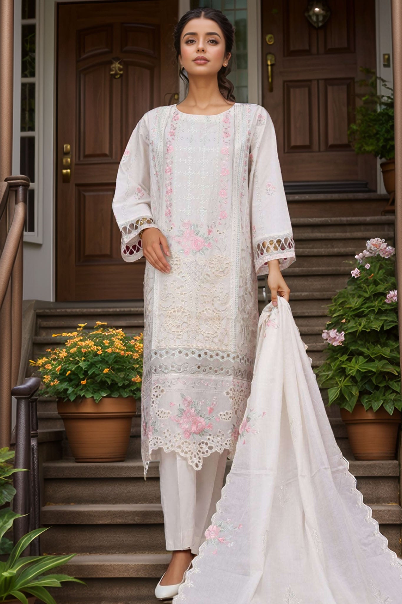 Bin Saeed Stitched 3 Piece Luxury Plain Cotton Vol-01 Collection-PC-1541-Cream