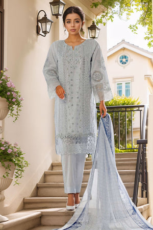Bin Saeed Stitched 3 Piece Luxury Plain Cotton Collection-LF-1497-Sky Blue