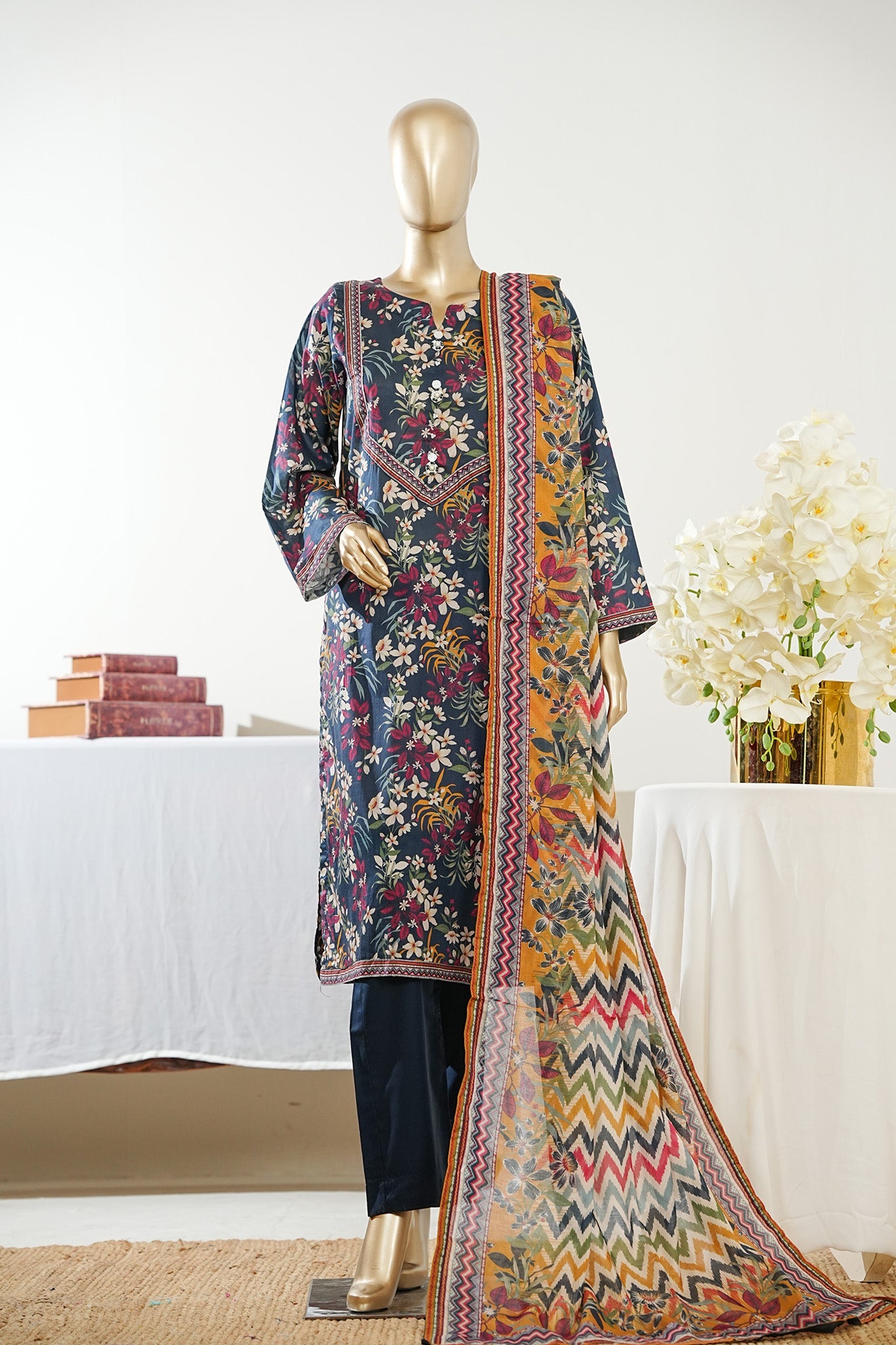 Bin Saeed Stitched 3 Piece Exclusive Printed Lawn Vol-09 Suit-LSM-2938-BLUE