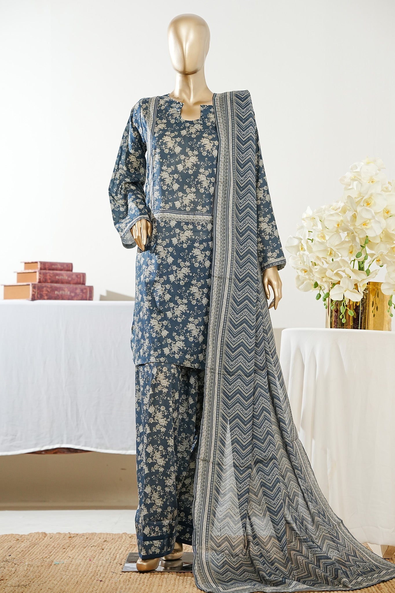 Bin Saeed Stitched 3 Piece Exclusive Printed Lawn Vol-09 Suit-LSM-2934-BLUE