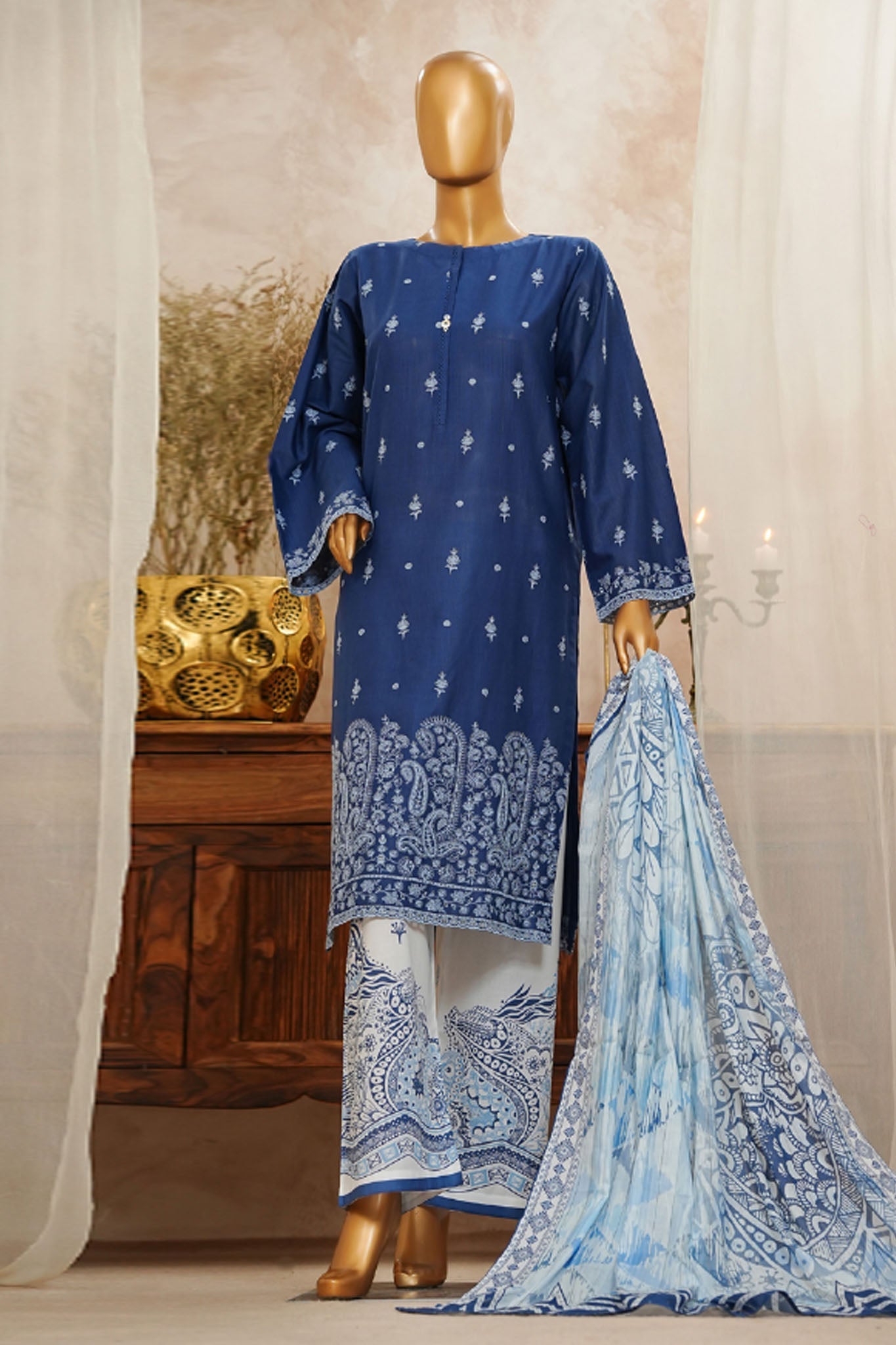 HZ Stitched 3 Piece Solid Emb Chikankari Collection'2025-SSPE-3P-003-NAVY