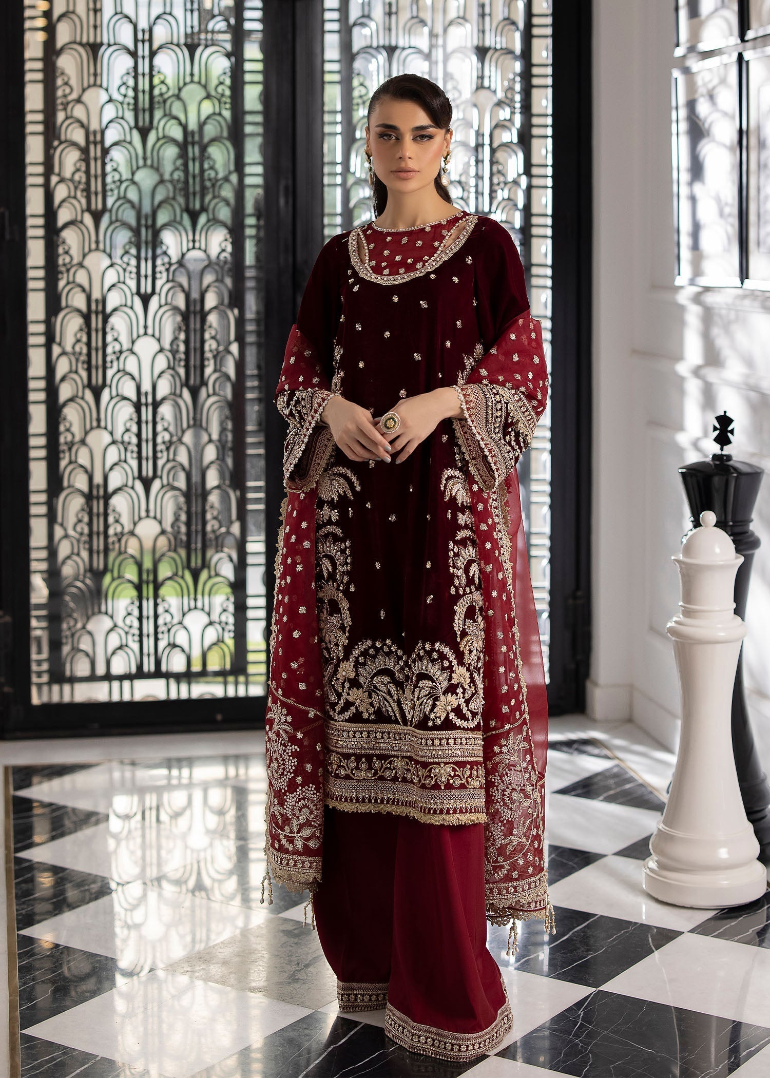 La More Unstitched 3 Piece Festive Formals Suit-Maroon Muse