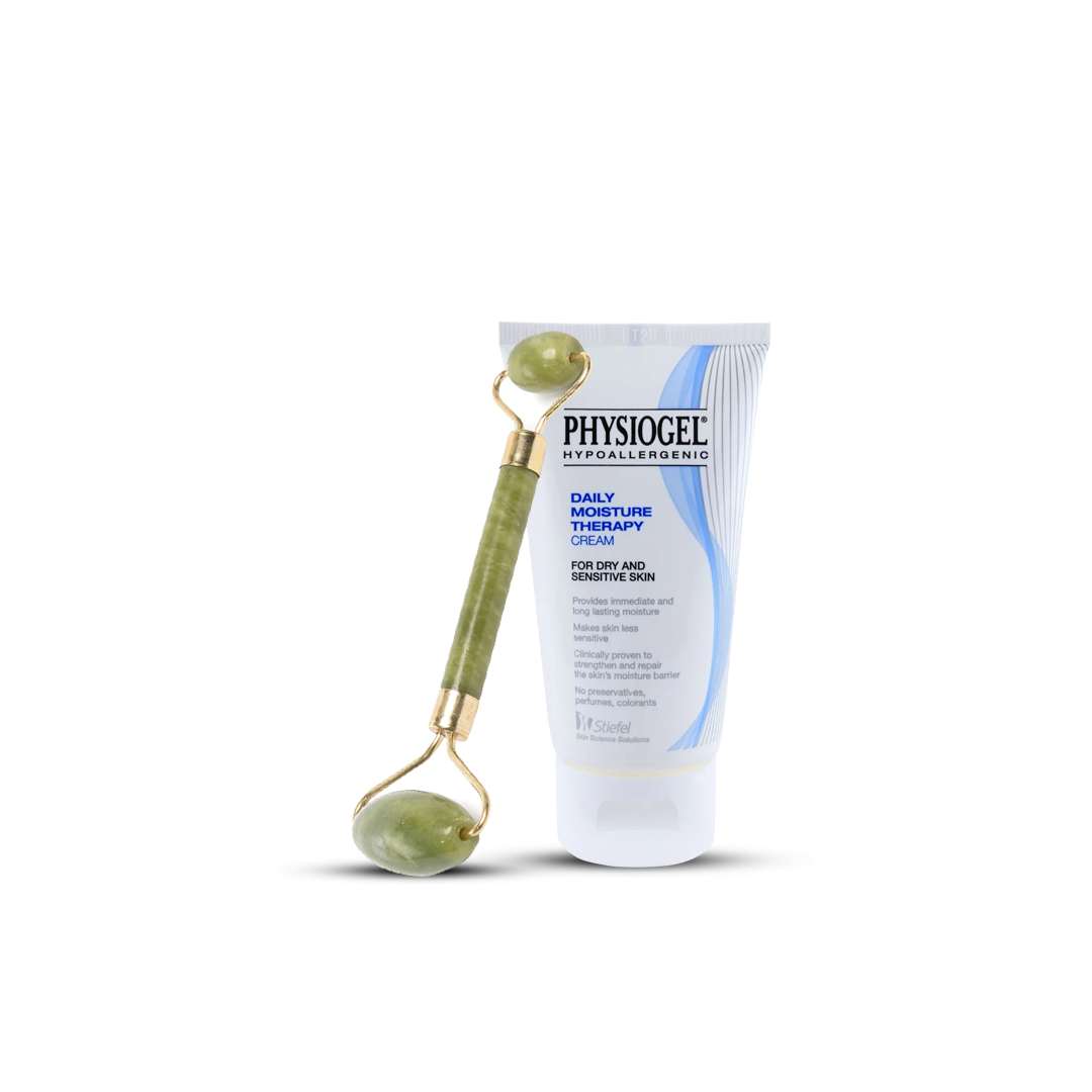 Bundle - Physiogel - Daily Moisture Therapy Cream Dry And Sensitive Skin 75 Ml + Facial Beauty - Jade Face Roller
