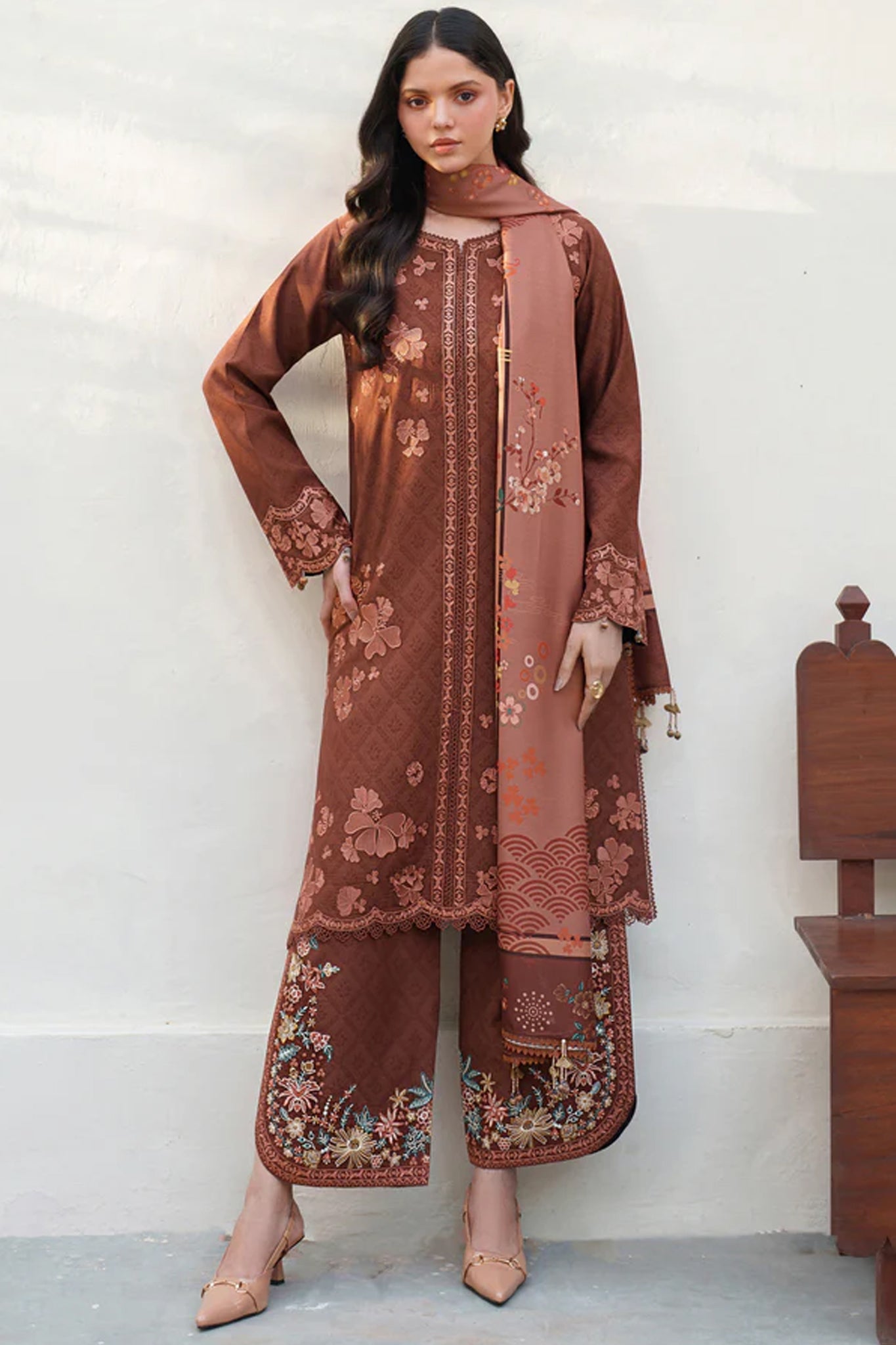 Meline By Farasha Unstitched 3 Piece Premium Viscose Collection'2025-02-Brown Clay