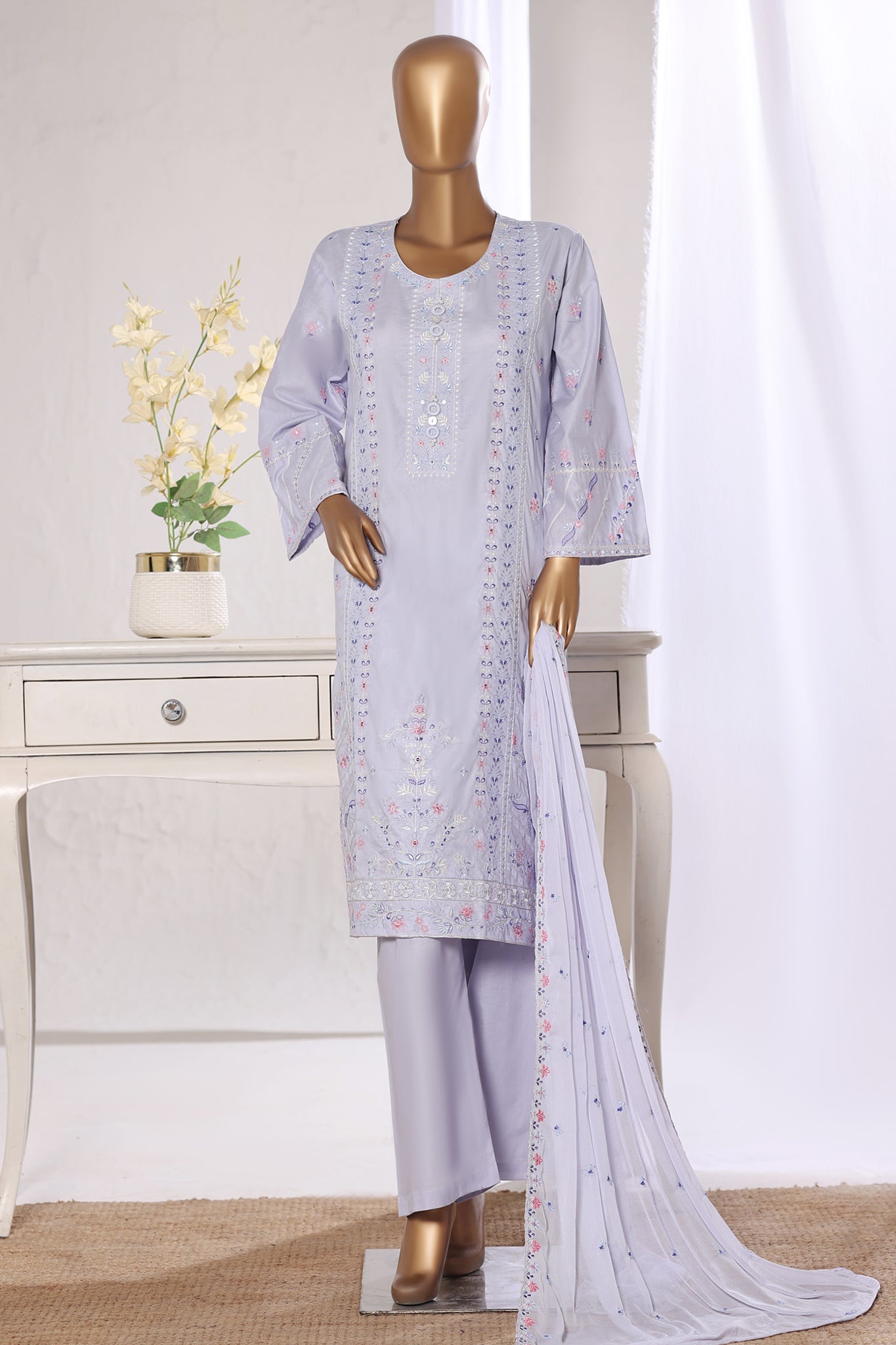 Khombi Stitched 3 Piece Casual Pret Cotton Suit-Forth-Ow03 L.Purple