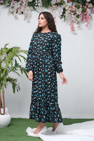 Sprinkles Stitched 1 Piece Summer Shirts Women Collection'2025-The Duo Black Allover Flover Print Full Sleeve Tunic Dress