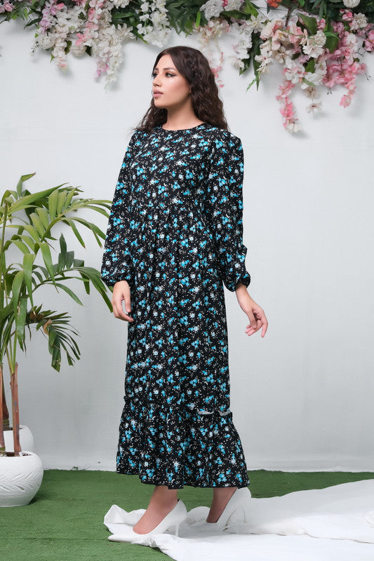 Sprinkles Stitched 1 Piece Summer Shirts Women Collection'2025-The Duo Black Allover Flover Print Full Sleeve Tunic Dress