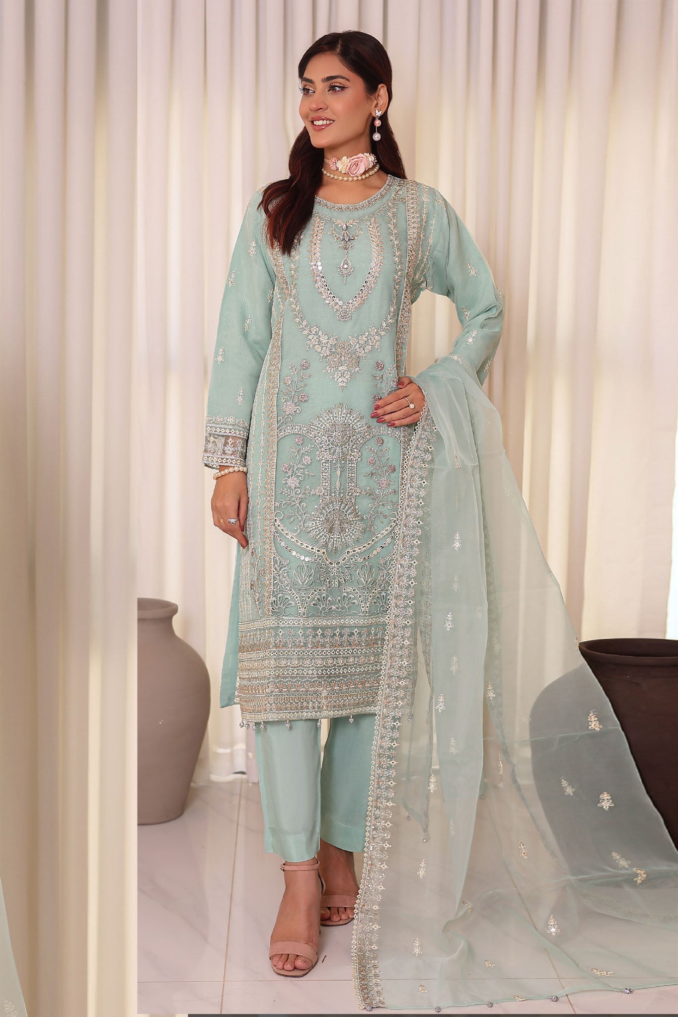 Irha By Azmeerah Official Semi Stitched 3 Piece Organza Edit Formals Suit-04-Stella