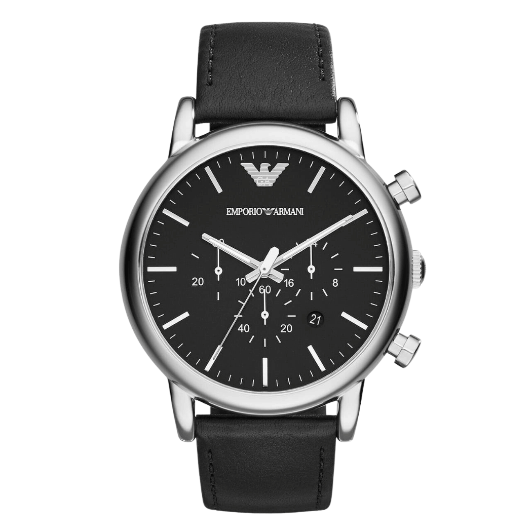 EMPORIO ARMANI Classic Black Leather Strap Black Dial Chronograph Quartz Watch for Gents - AR1828