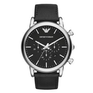 EMPORIO ARMANI Classic Black Leather Strap Black Dial Chronograph Quartz Watch for Gents - AR1828