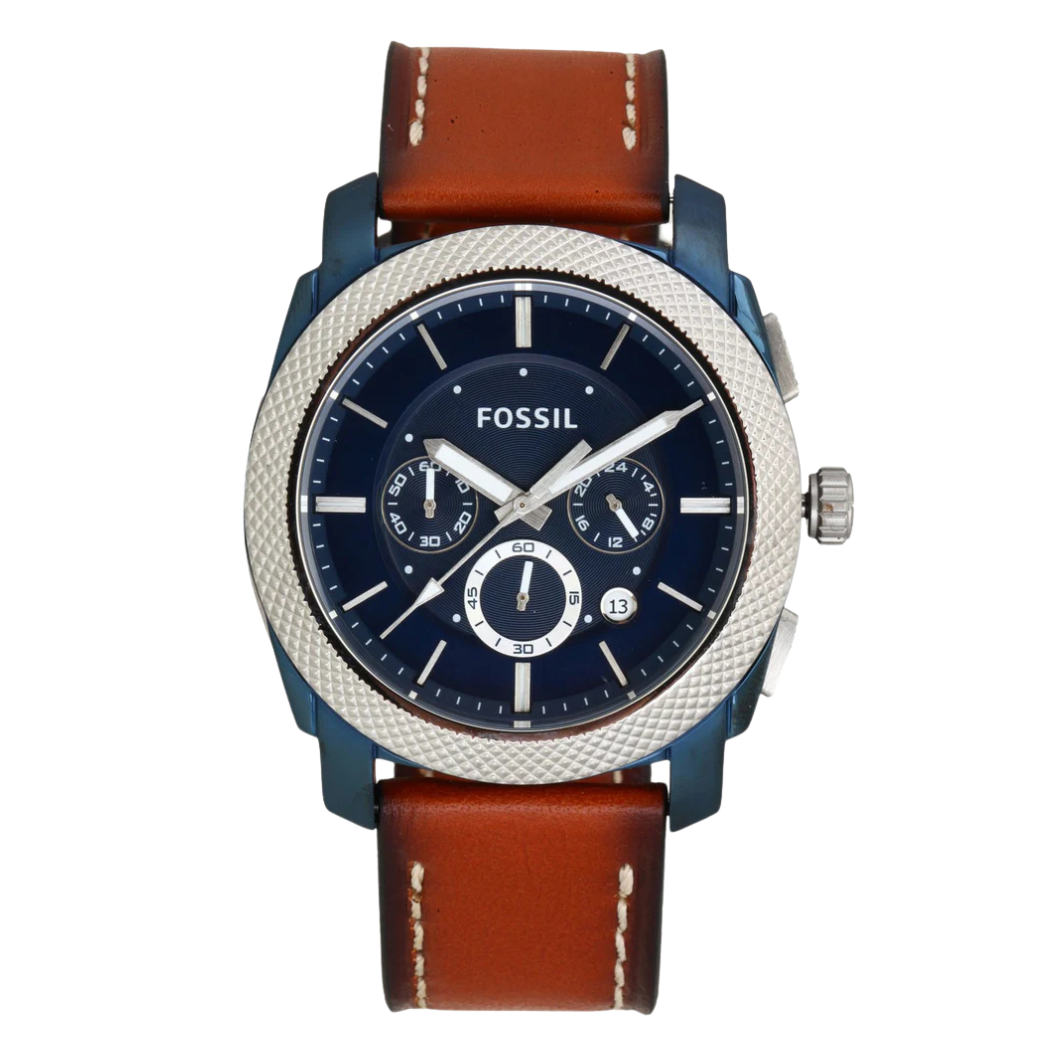 Fossil Machine Brown Leather Strap Blue Dial Chronograph Quartz Watch for Gents - FS5232