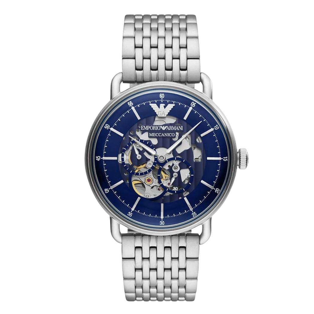 EMPORIO ARMANI Meccanico Silver Stainless Steel Blue Dial Automatic Watch for Gents - AR60024