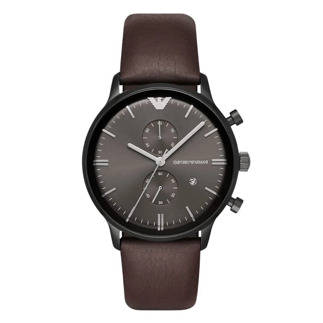 EMPORIO ARMANI Retro Brown Leather Strap Gunmetal Dial Chronograph Quartz Watch for Gents - AR1932