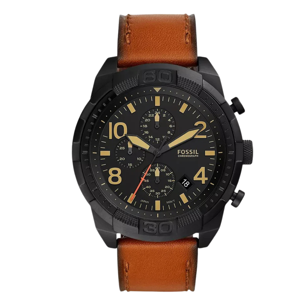 Fossil Bronson Brown Leather Strap Black Dial Chronograph Quartz Watch for Gents - FS5714