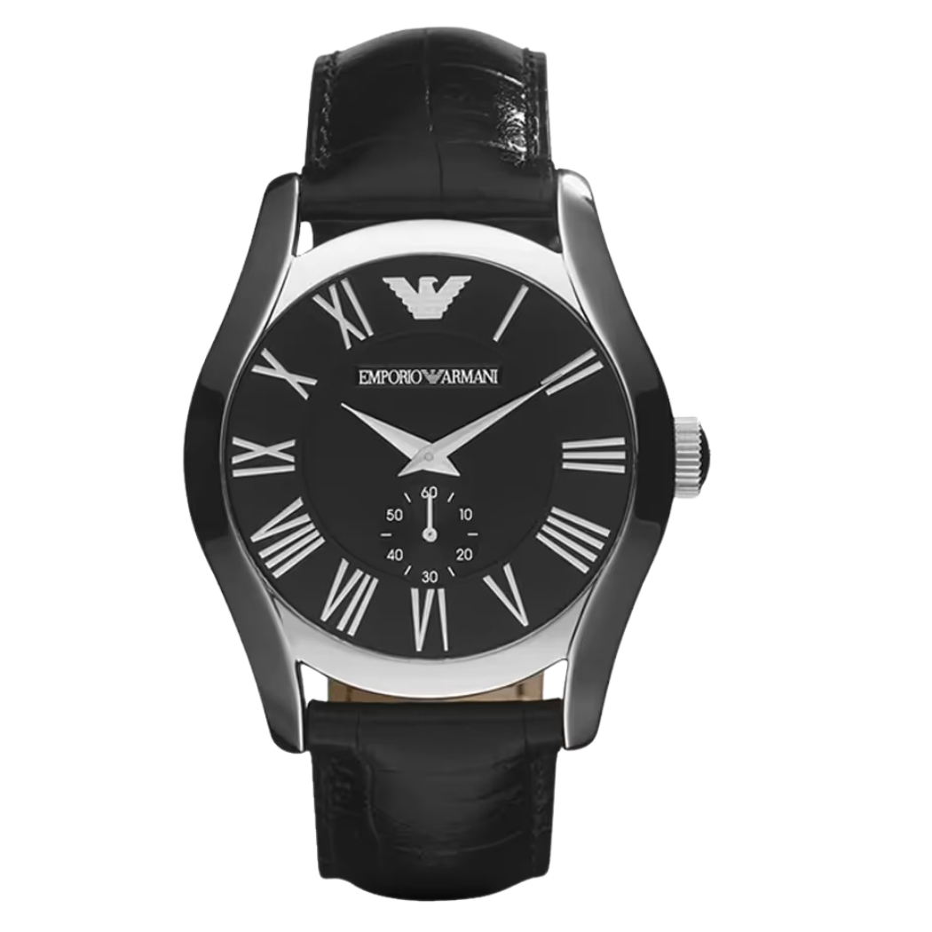 EMPORIO ARMANI Classic Black Leather Strap Black Dial Quartz Watch for Gents - AR0643