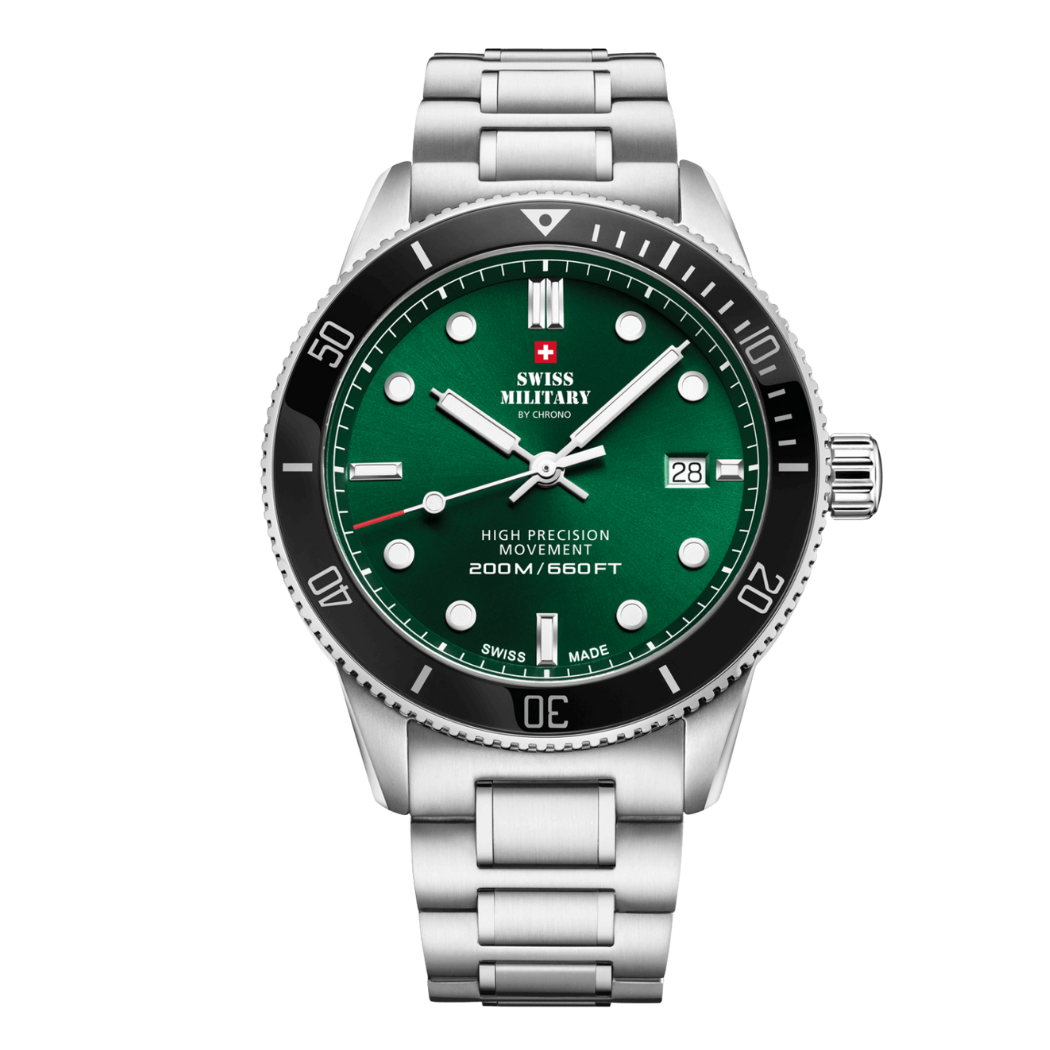 Swiss Military Silver Stainless Steel Green Dial Quartz Watch for Gents - SM34088.03