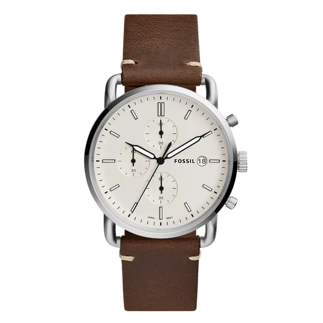 Fossil Commuter Brown Leather Strap Beige Dial Chronograph Quartz Watch for Gents - FS5402