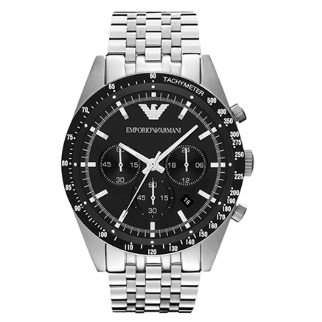 EMPORIO ARMANI Sportivo Silver Stainless Steel Black Dial Chronograph Quartz Watch for Gents - AR5988