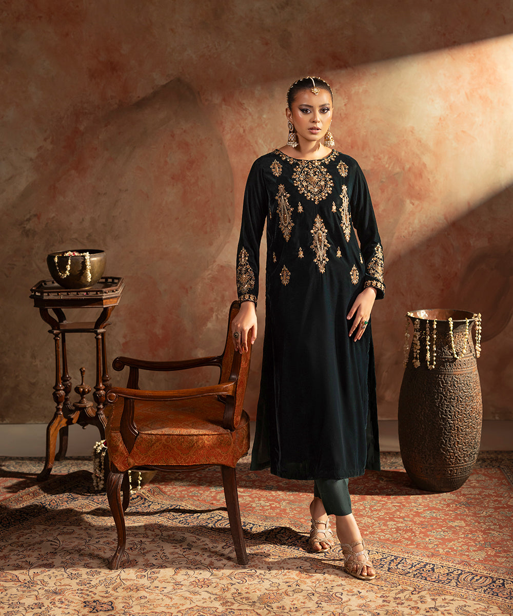 Velvet Saga By Kross Kulture Stitched Embroidered Velvet Shirt Suit-0001810-SML-BGR