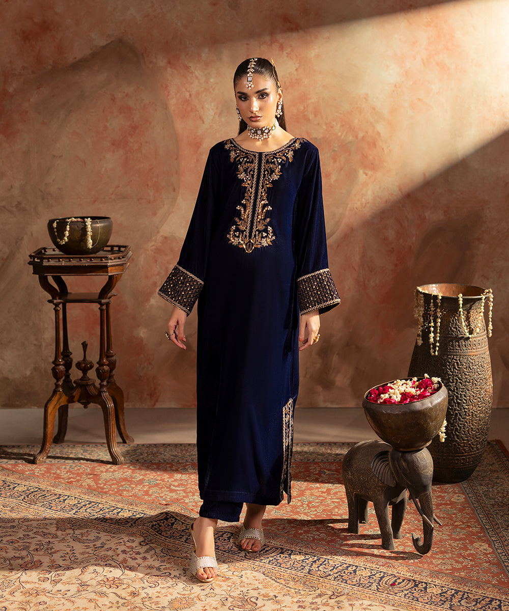 Velvet Saga By Kross Kulture Stitched Embroidered Velvet Shirt Suit-0001819-SML-NAV