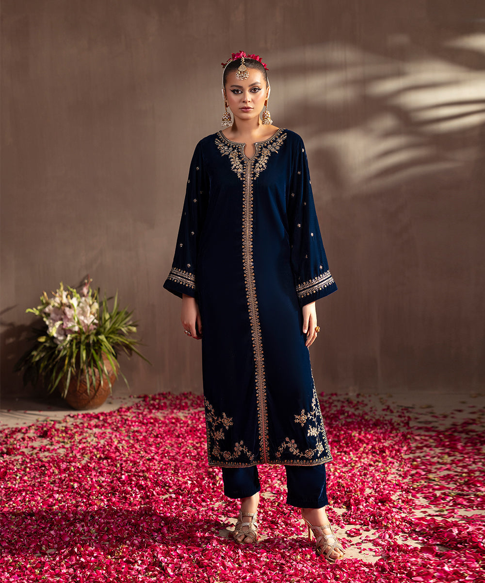 Velvet Saga By Kross Kulture Stitched Embroidered Velvet Shirt Suit-0001735-SML-TEL