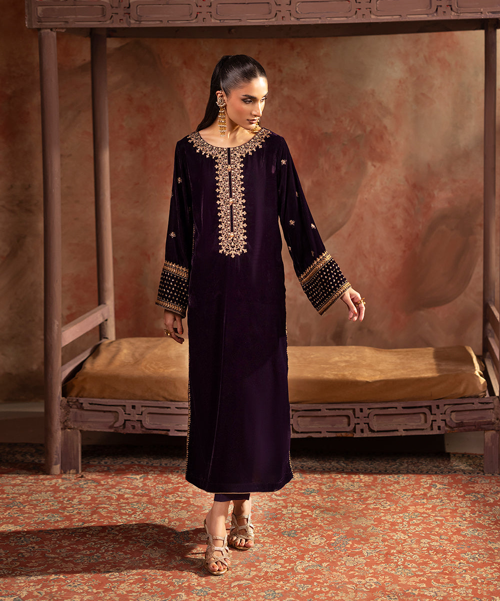 Velvet Saga By Kross Kulture Stitched Embroidered Velvet Shirt Collection'2025-0001736-SML-BEY
