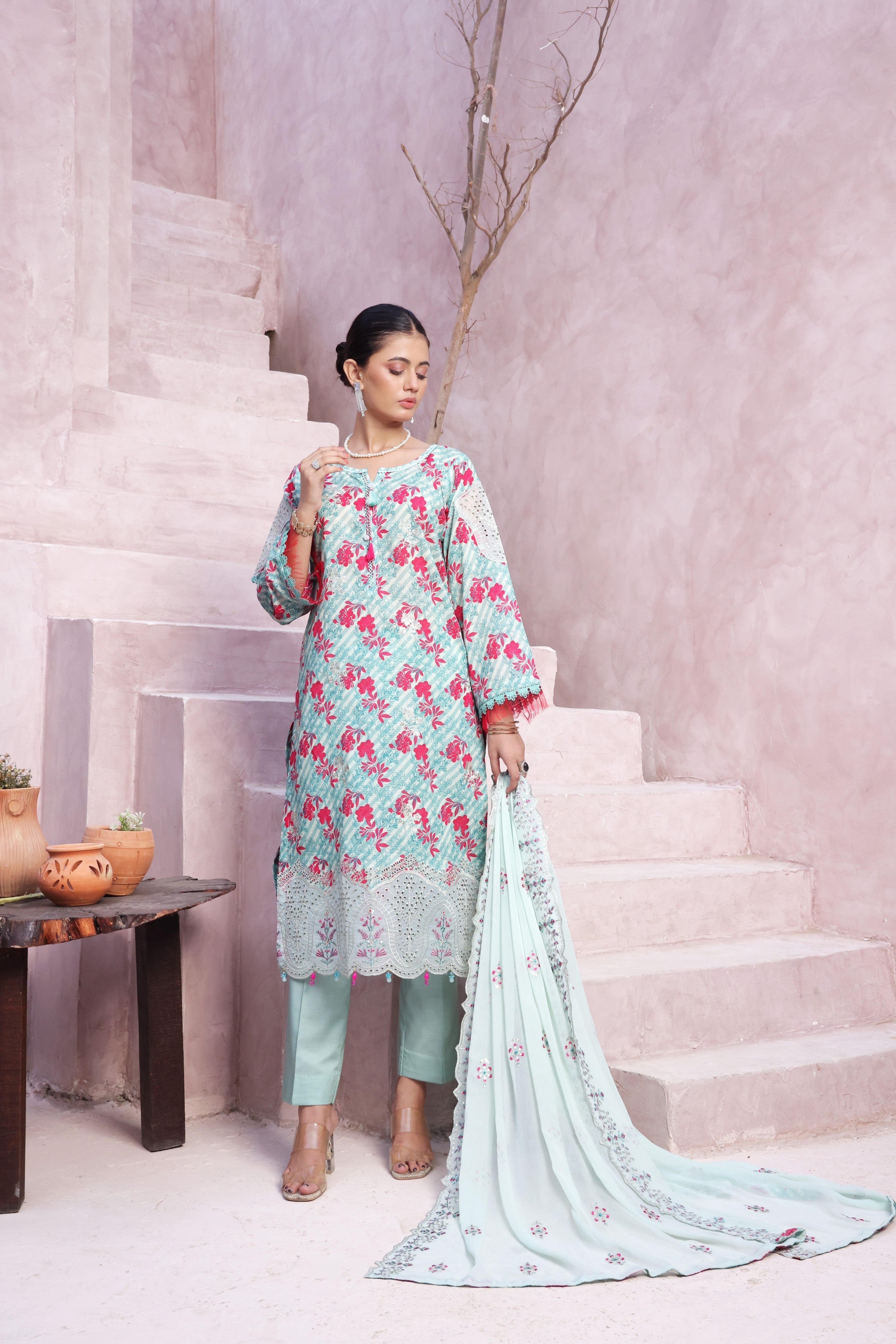 Dressline Cocktail UnStitched 3 Piece Premium Heavy Chikankari  Cutwork Emb Bana Dora Digital Printed Lawn Collection