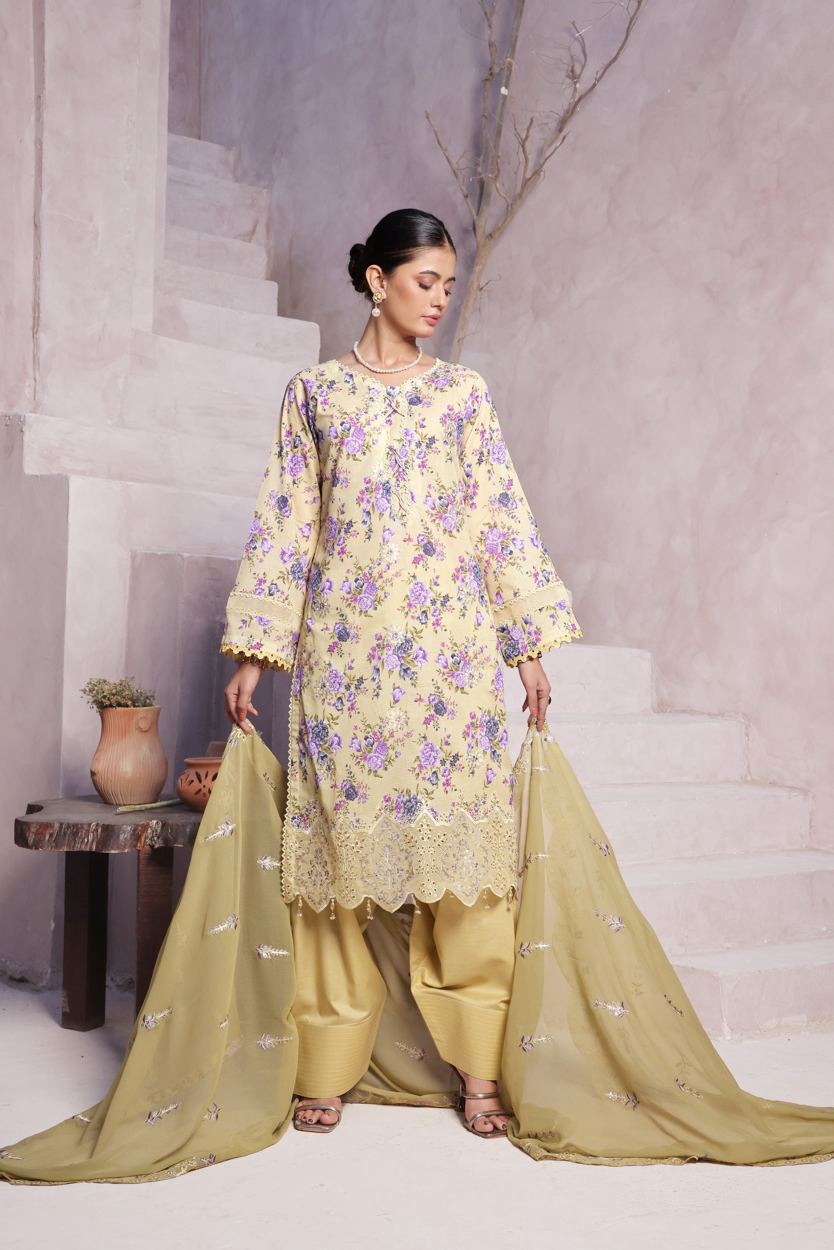Dressline Cocktail UnStitched 3 Piece Premium Heavy Chikankari  Cutwork Emb Bana Dora Digital Printed Lawn Collection