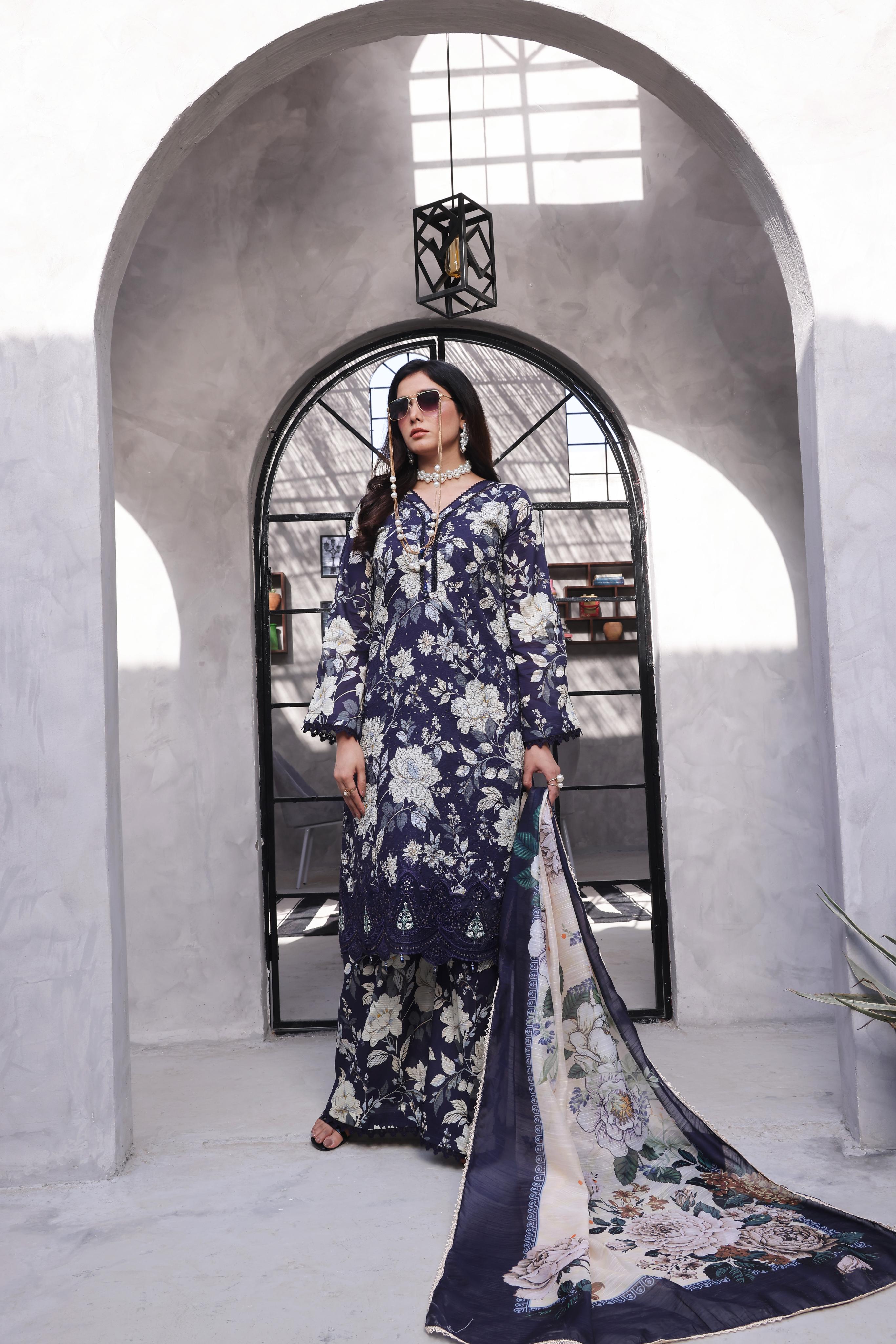 Dressline Pearl Unstitched Heavy Chikankari & Jall Emb Bana Dora Digital Lawn With Voil Dupatta & Cambric Trousers