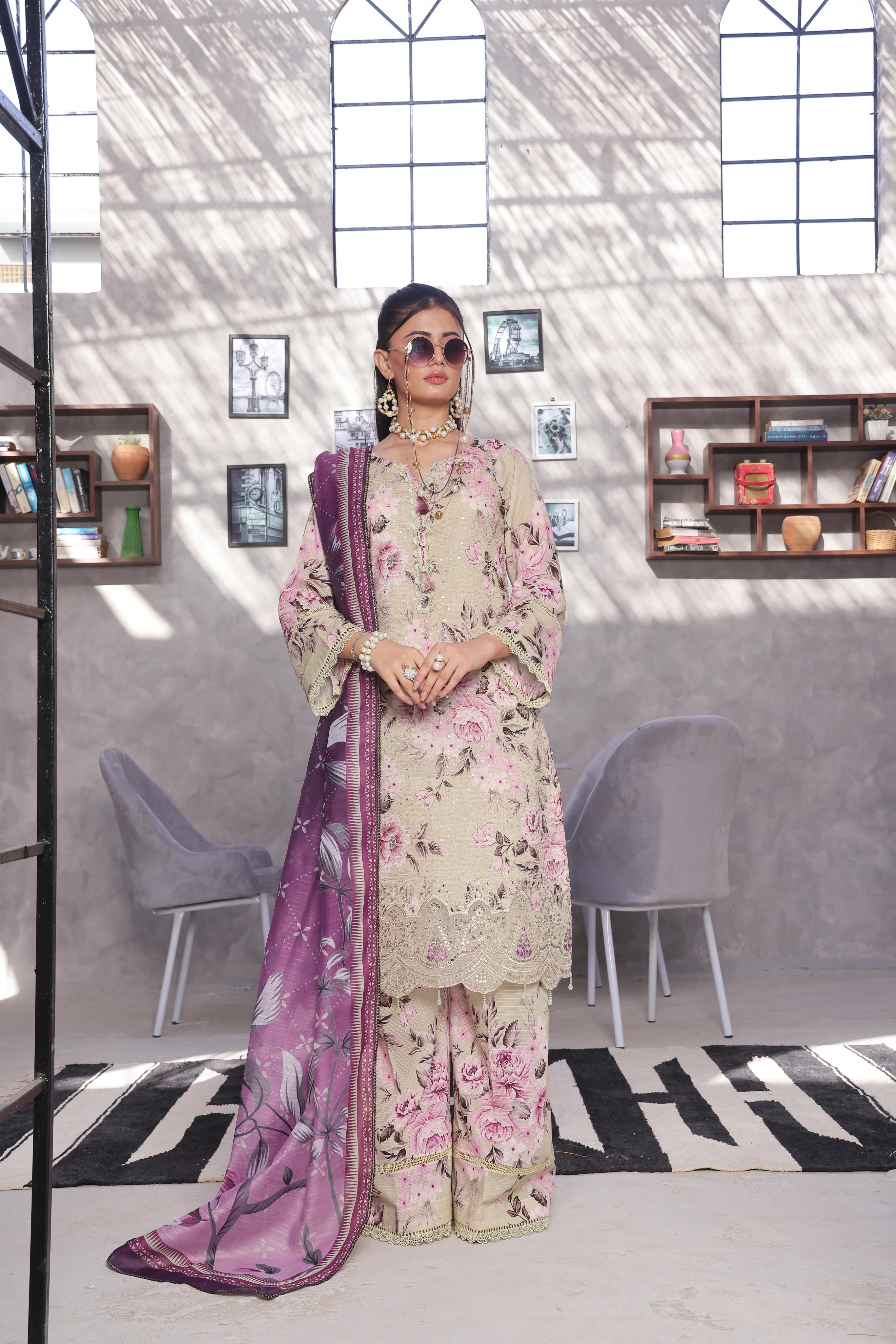 Dressline Pearl Unstitched Heavy Chikankari & Jall Emb Bana Dora Digital Lawn With Voil Dupatta & Cambric Trousers