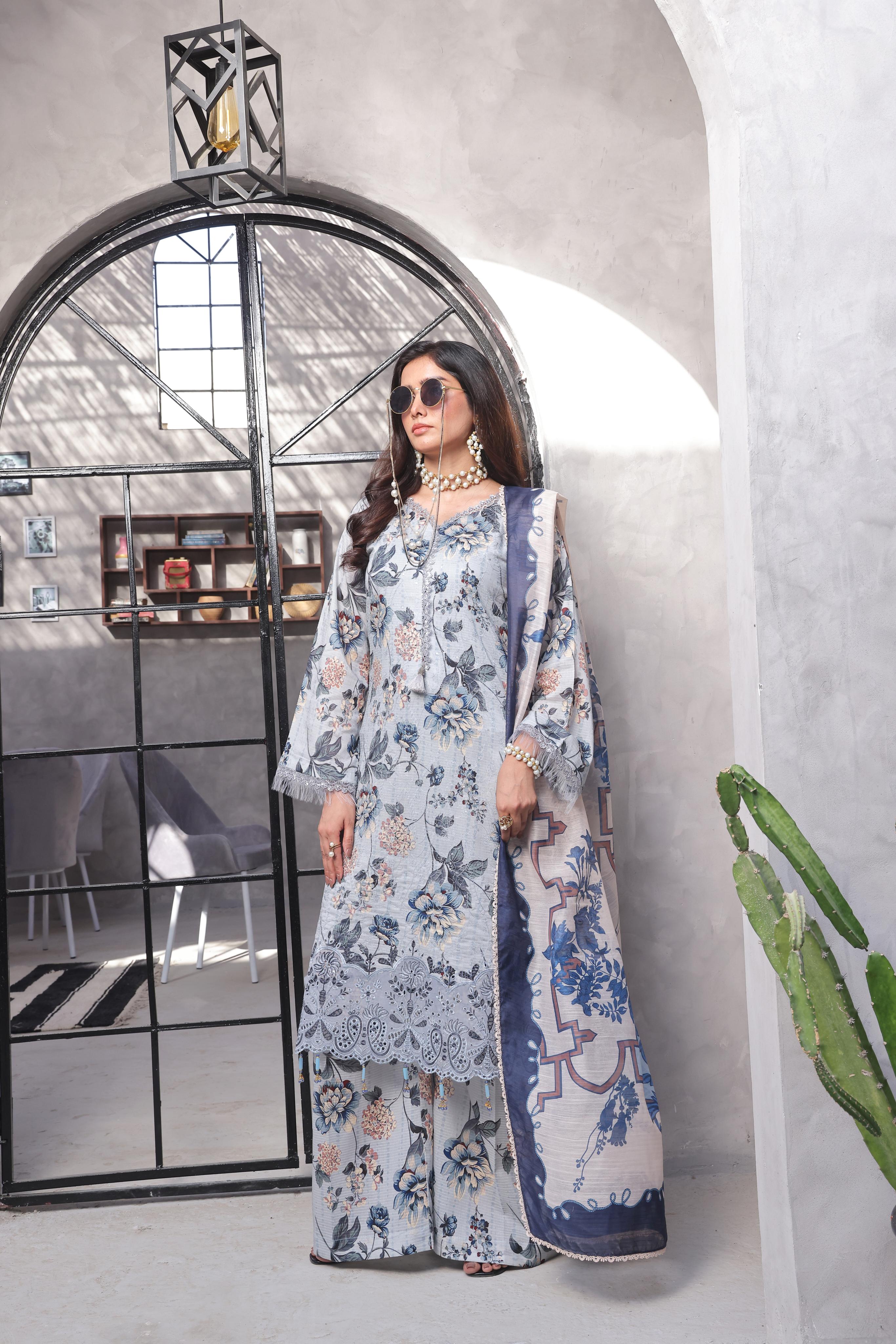 Dressline Pearl Unstitched Heavy Chikankari & Jall Emb Bana Dora Digital Lawn With Voil Dupatta & Cambric Trousers