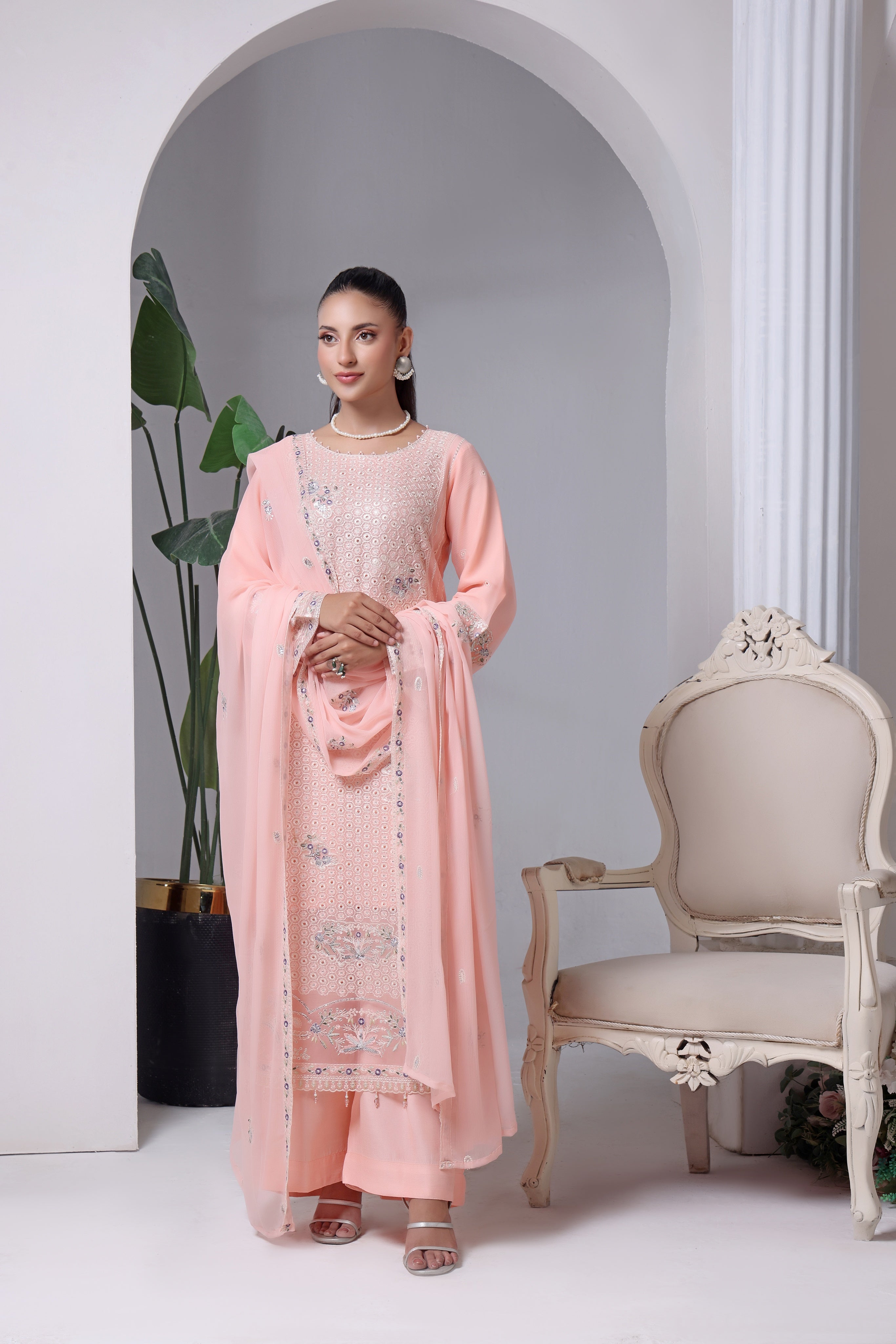 Malika By Dressline Semi Stitched 3 Piece Emb Chiffon Formals Collection'2025-malaika-semi-stitched-peach-bloom