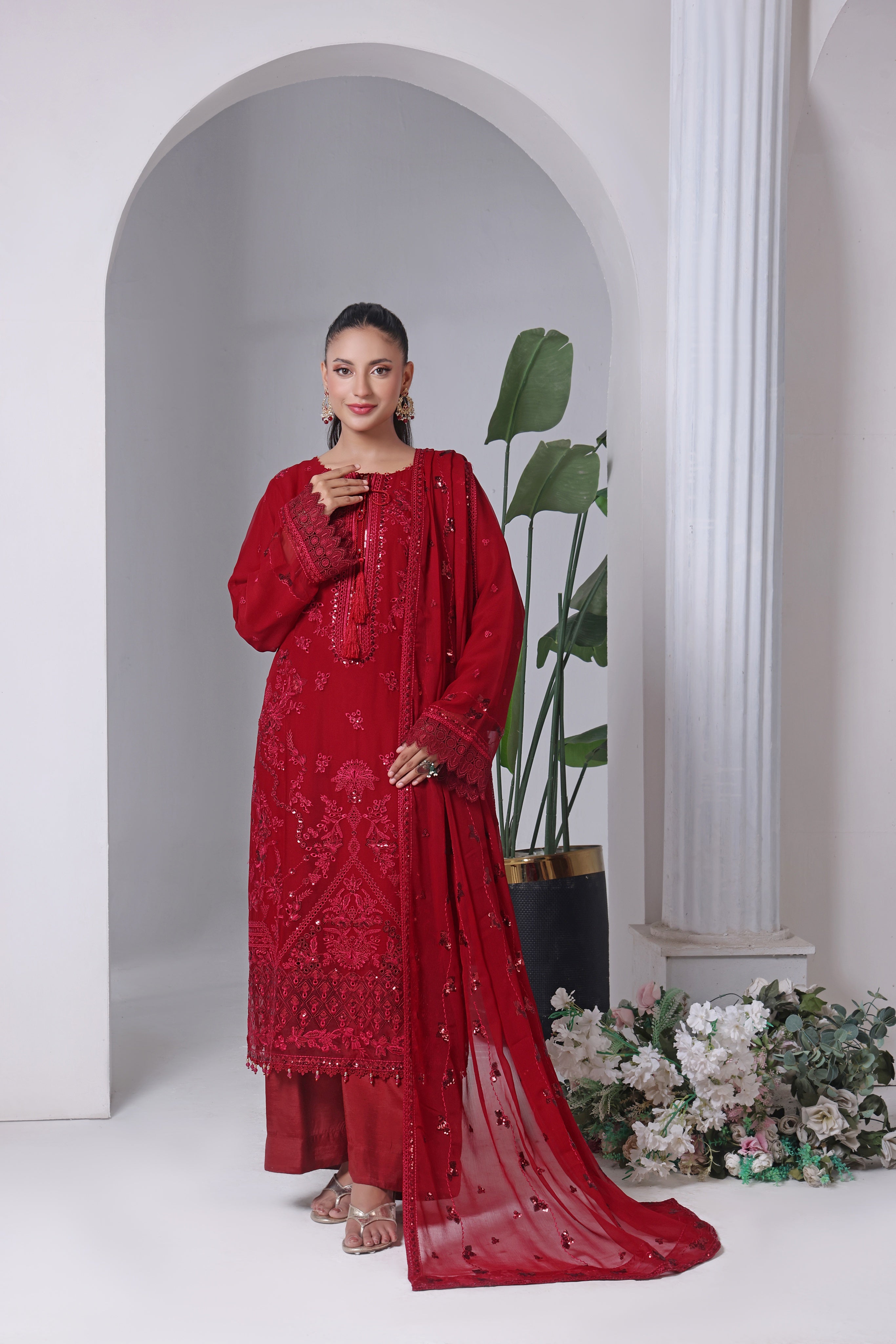 Malika By Dressline Semi Stitched 3 Piece Emb Chiffon Formals Collection'2025-malaika-semi-stitched-ruby-rouge