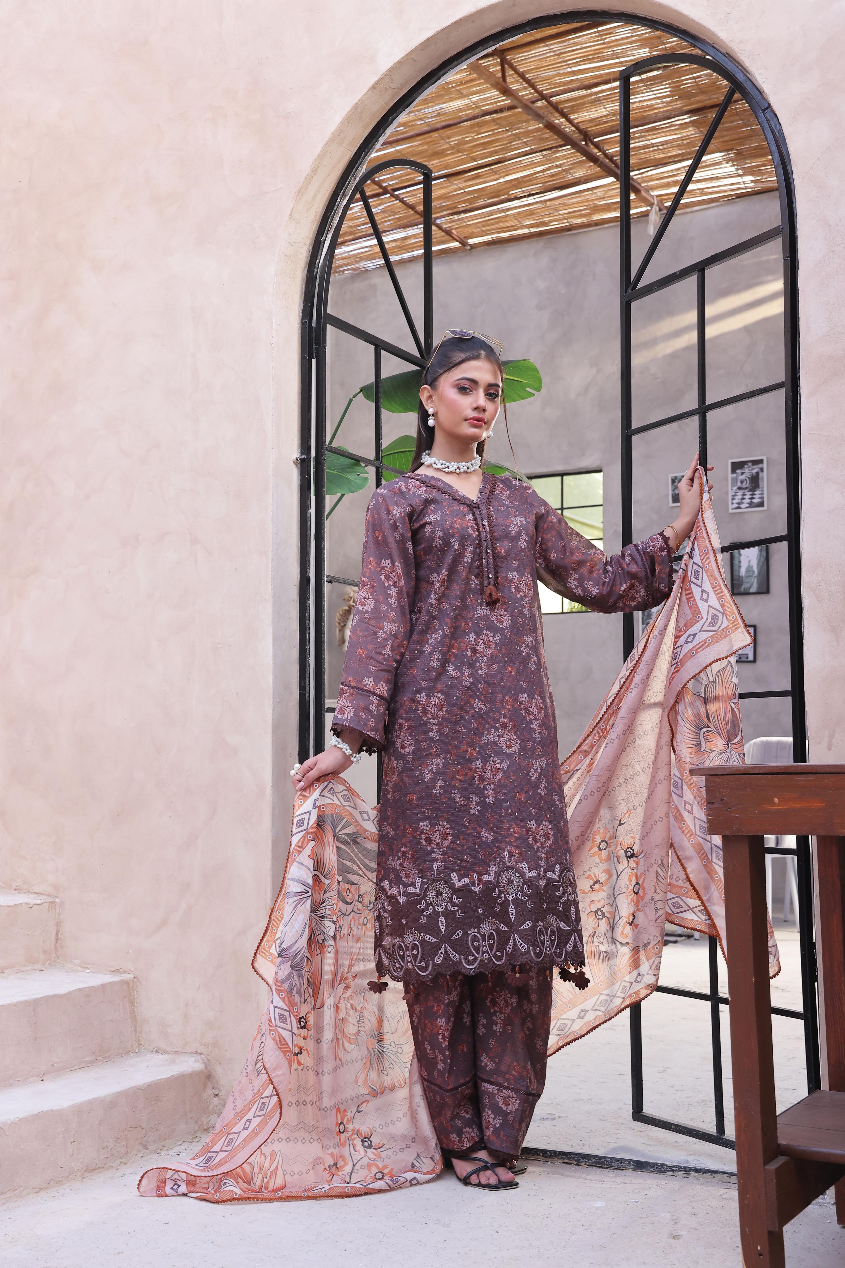 Dressline Pearl Unstitched Heavy Chikankari & Jall Emb Bana Dora Digital Lawn With Voil Dupatta & Cambric Trousers