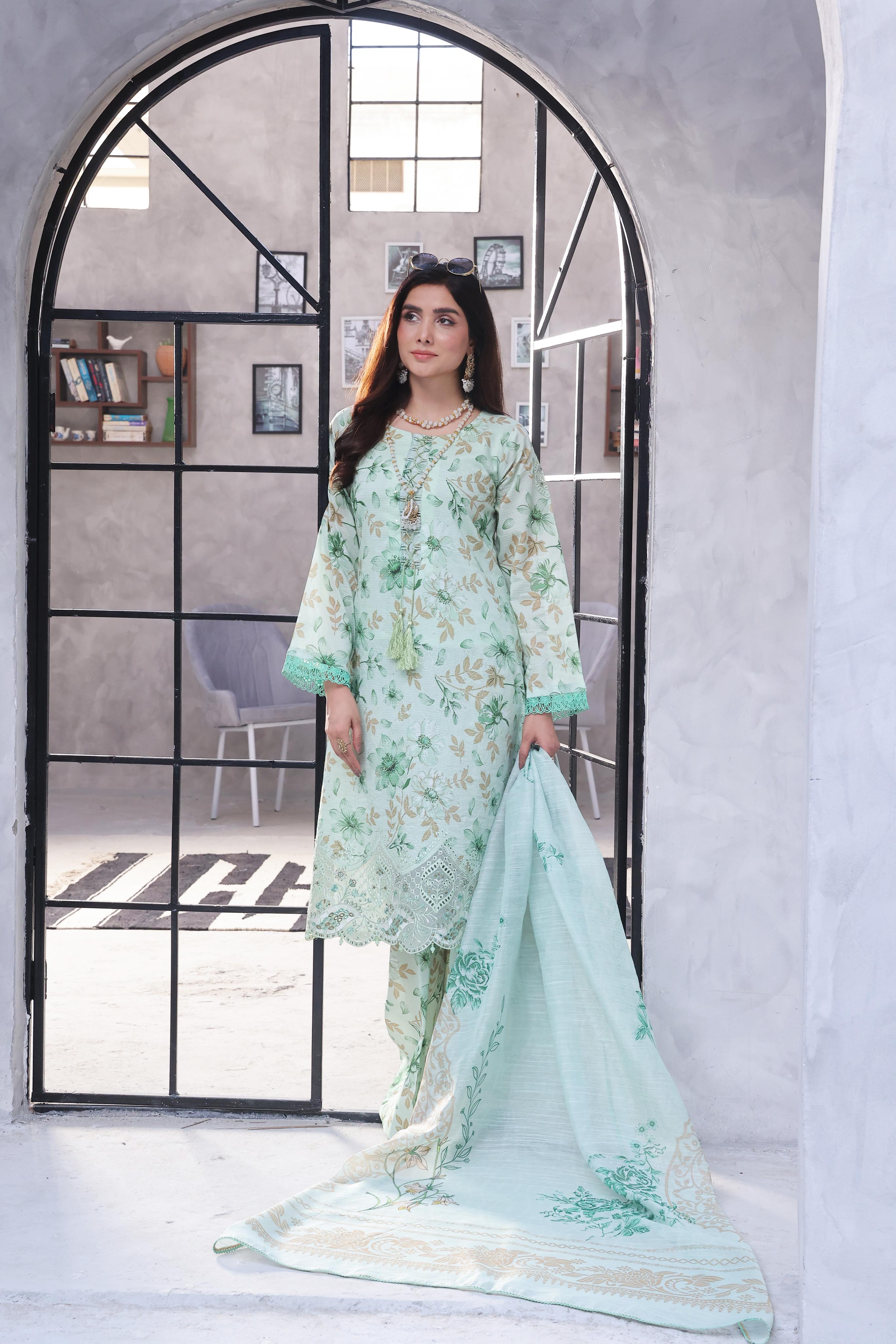 Dressline Pearl Unstitched Heavy Chikankari & Jall Emb Bana Dora Digital Lawn With Voil Dupatta & Cambric Trousers