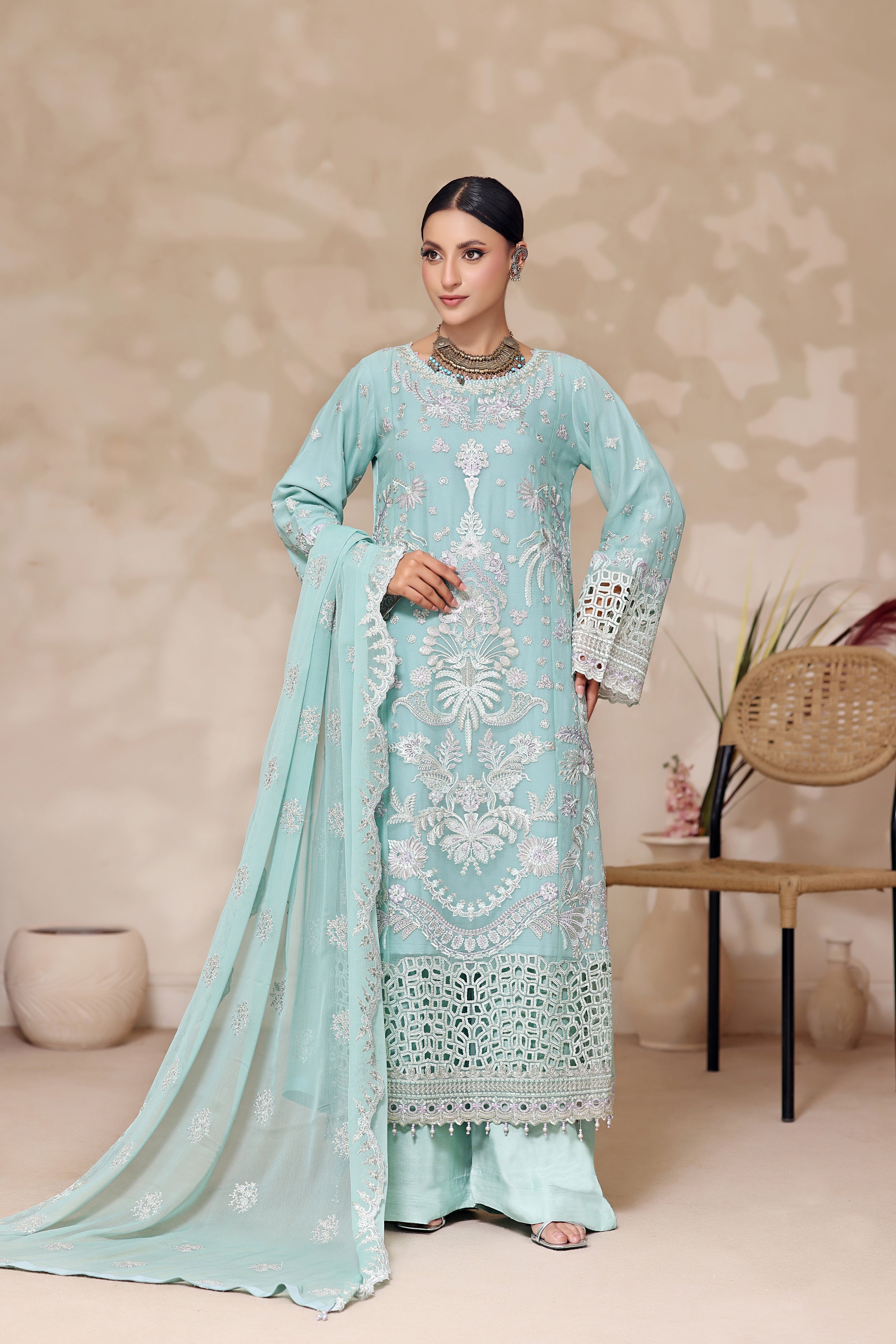 Fiza By Dressline Semi Stitched 3 Piece Chiffon Formals Collection'2025-fiza-semi-stitched-Frosted-Mint-Blue