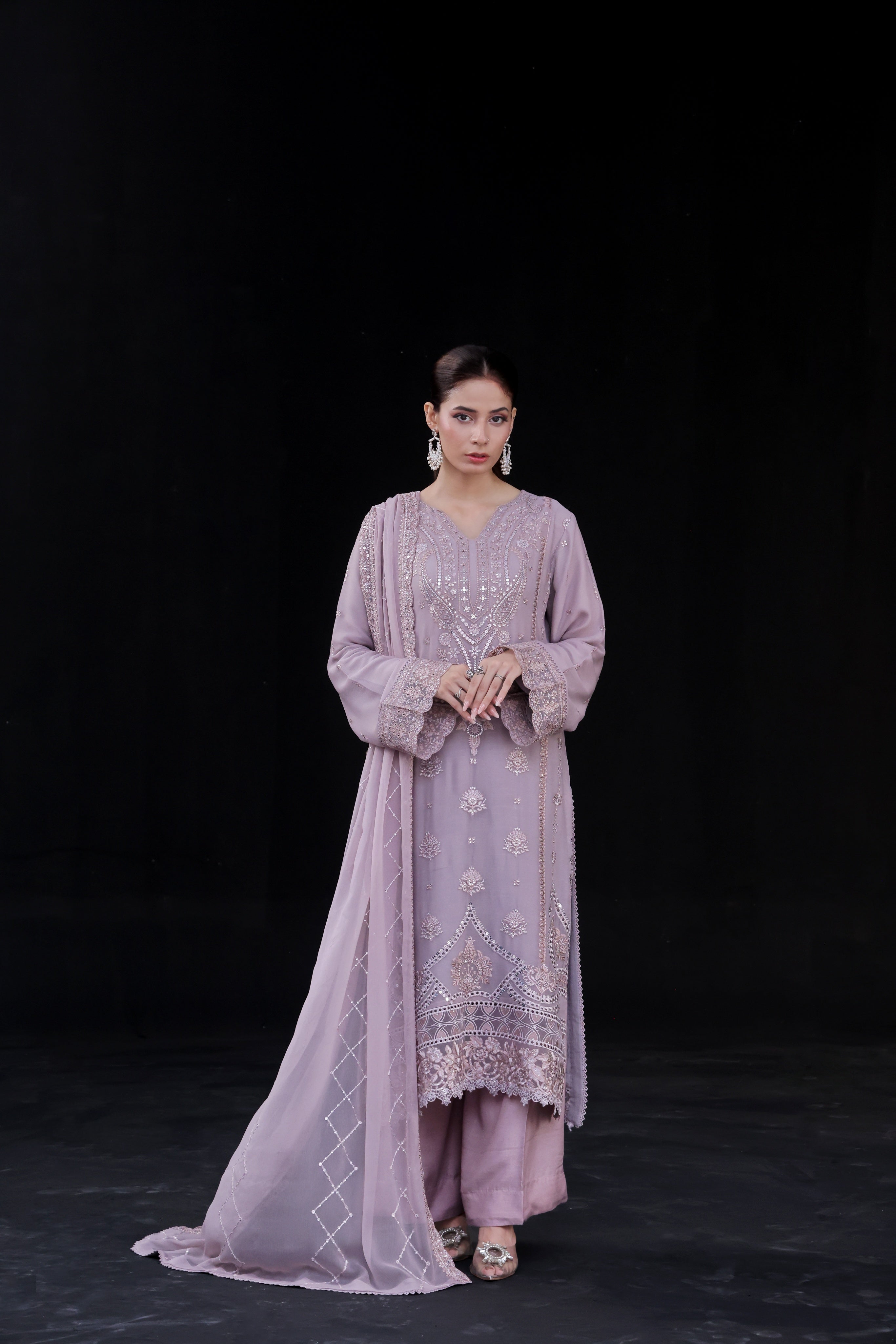 Saffron By Dressline Stitched 3 Piece Luxury Chiffon Formals Collection'2025-saffron-chiffon-lavender-3pcStitched