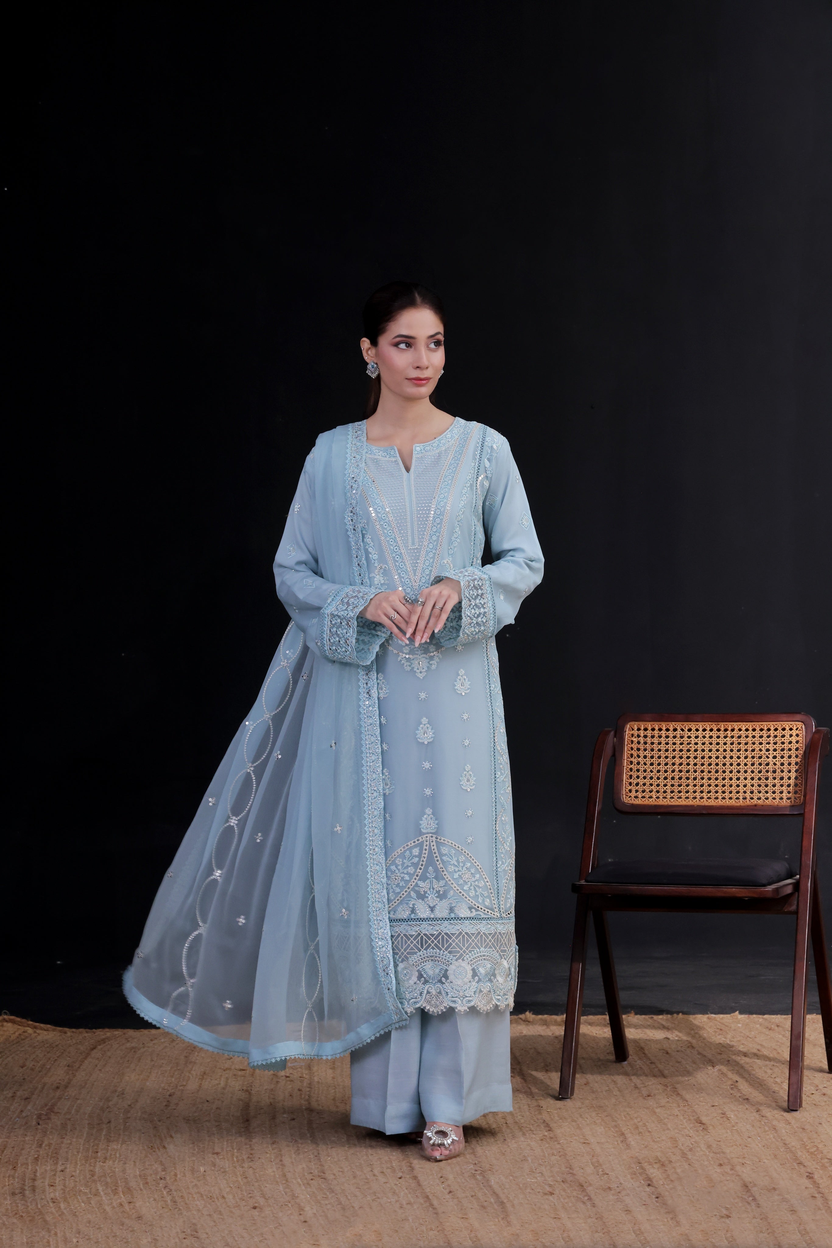 Saffron By Dressline Stitched 3 Piece Luxury Chiffon Formals Collection'2025-saffron-chiffon-bluegray-3pcStitched