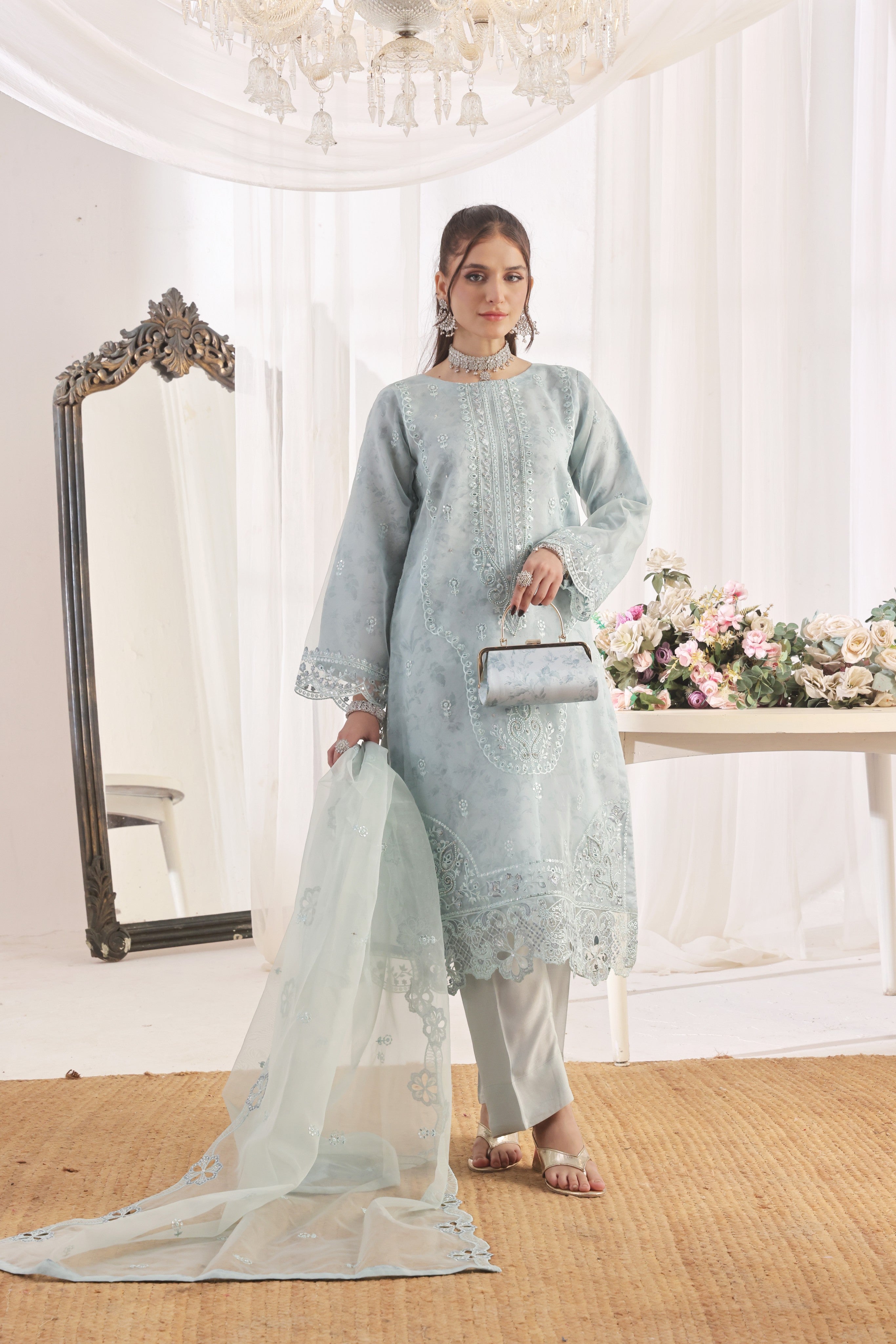 Dressline Xenia Luxury Emb Organza Clutches Collection 3 Piece Semi Stitched