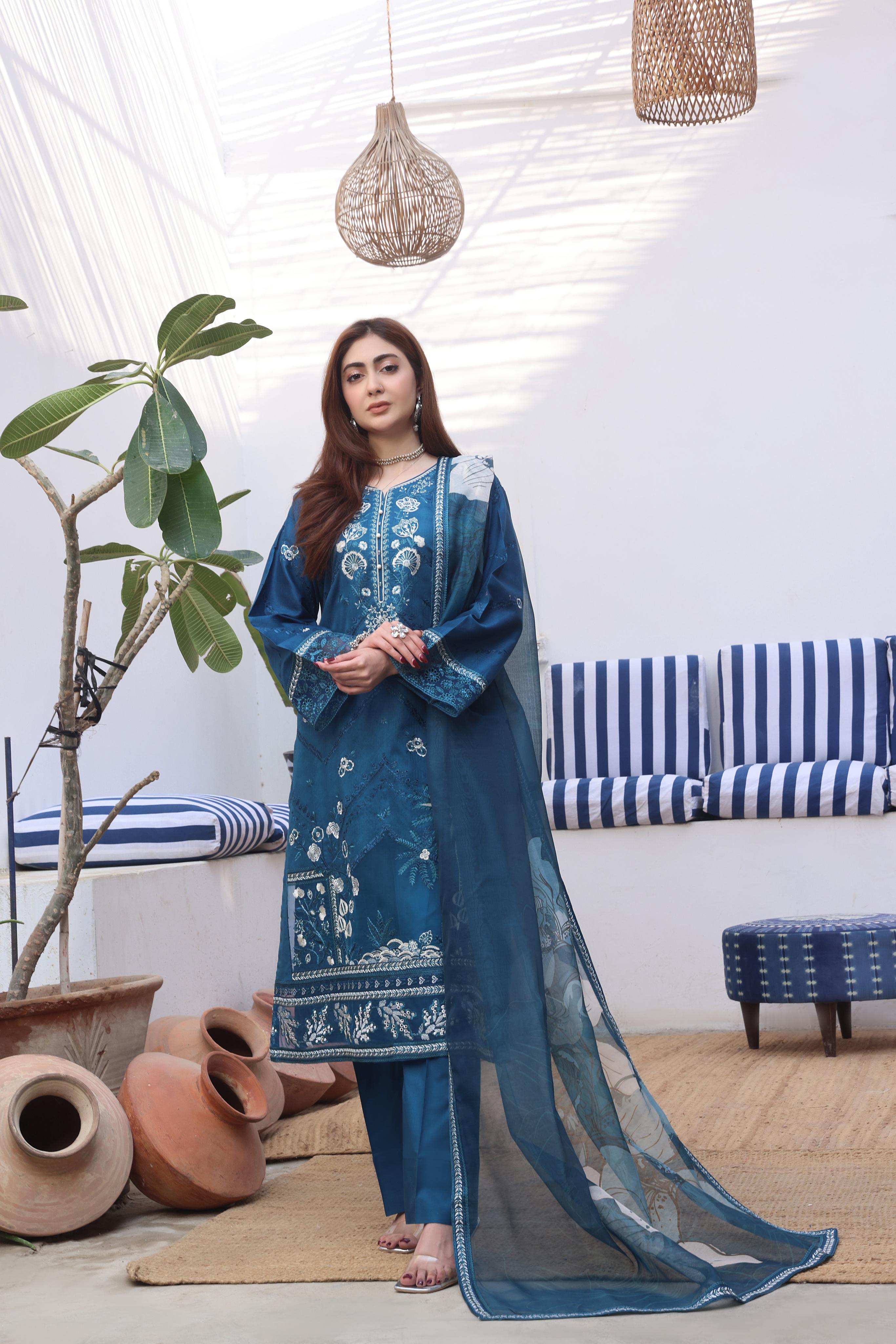 Dressline Bella Semi Stitched 3 Piece Premium Emb Chikankari & Laserkari Jacquard Lawn Collection