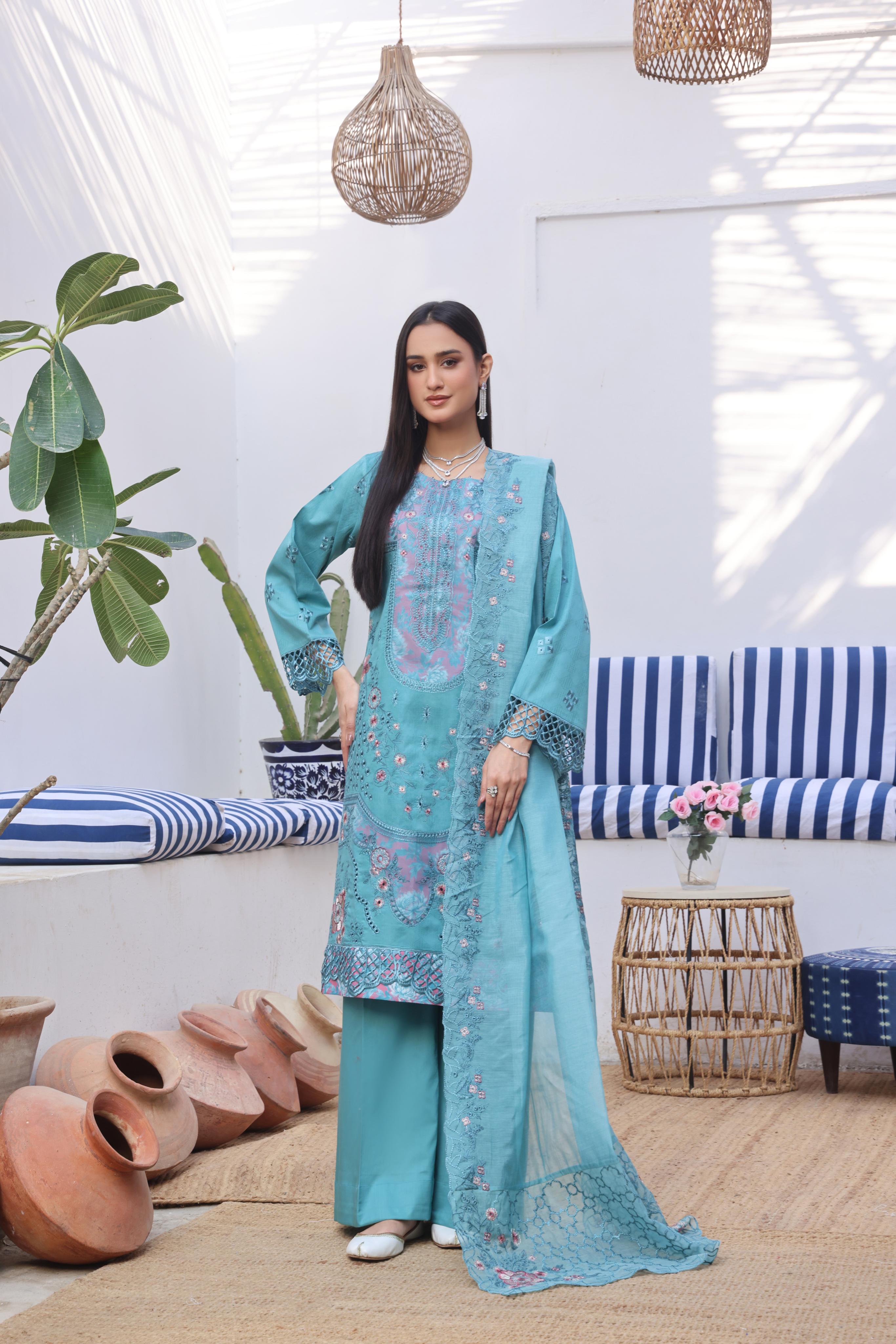 Dressline Bella Semi Stitched 3 Piece Premium Emb Chikankari & Laserkari Jacquard Lawn Collection