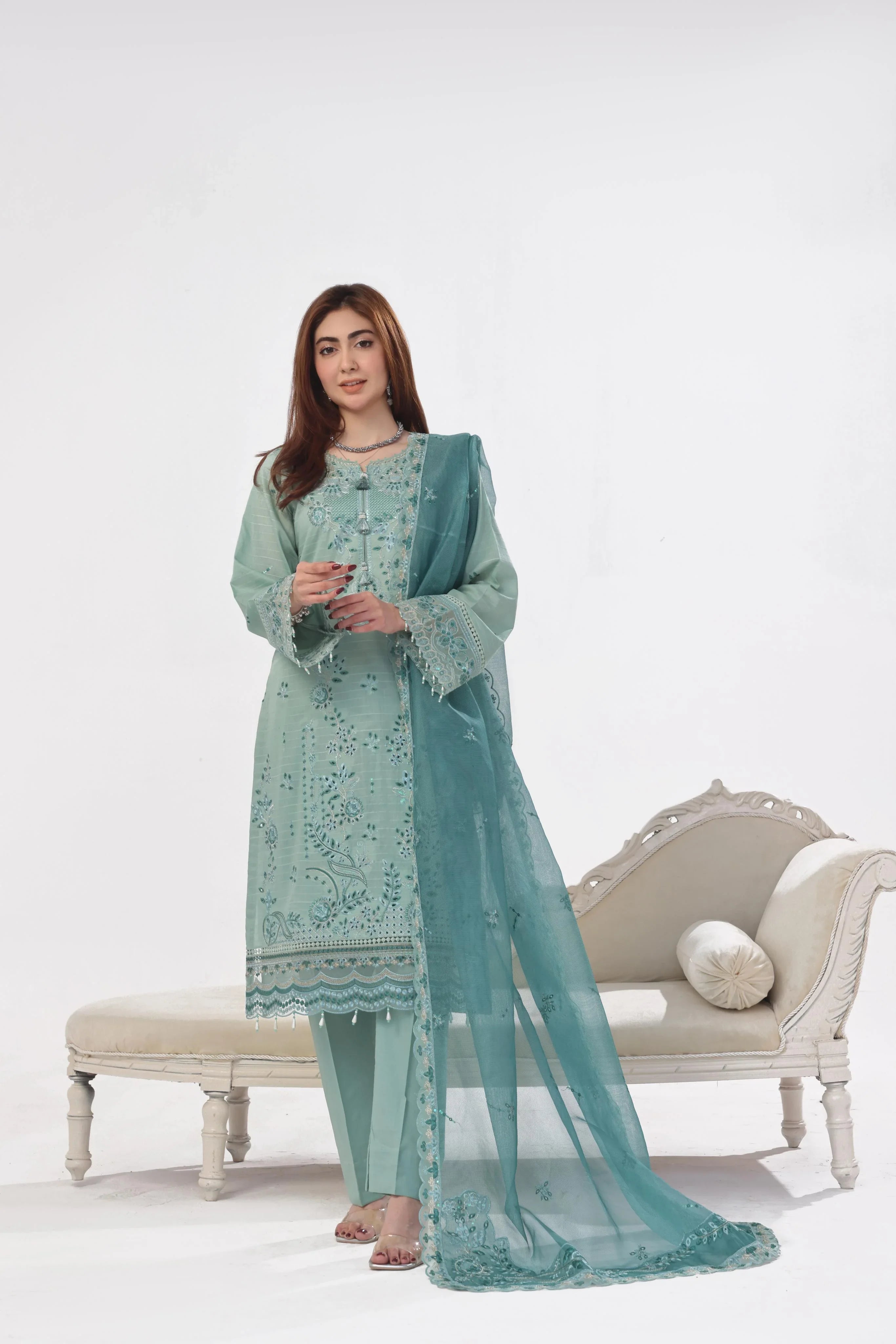 Dressline New Un Stitched 3 Pcs Premium Chikankari Emb Check Lawn Digital Printed Collection