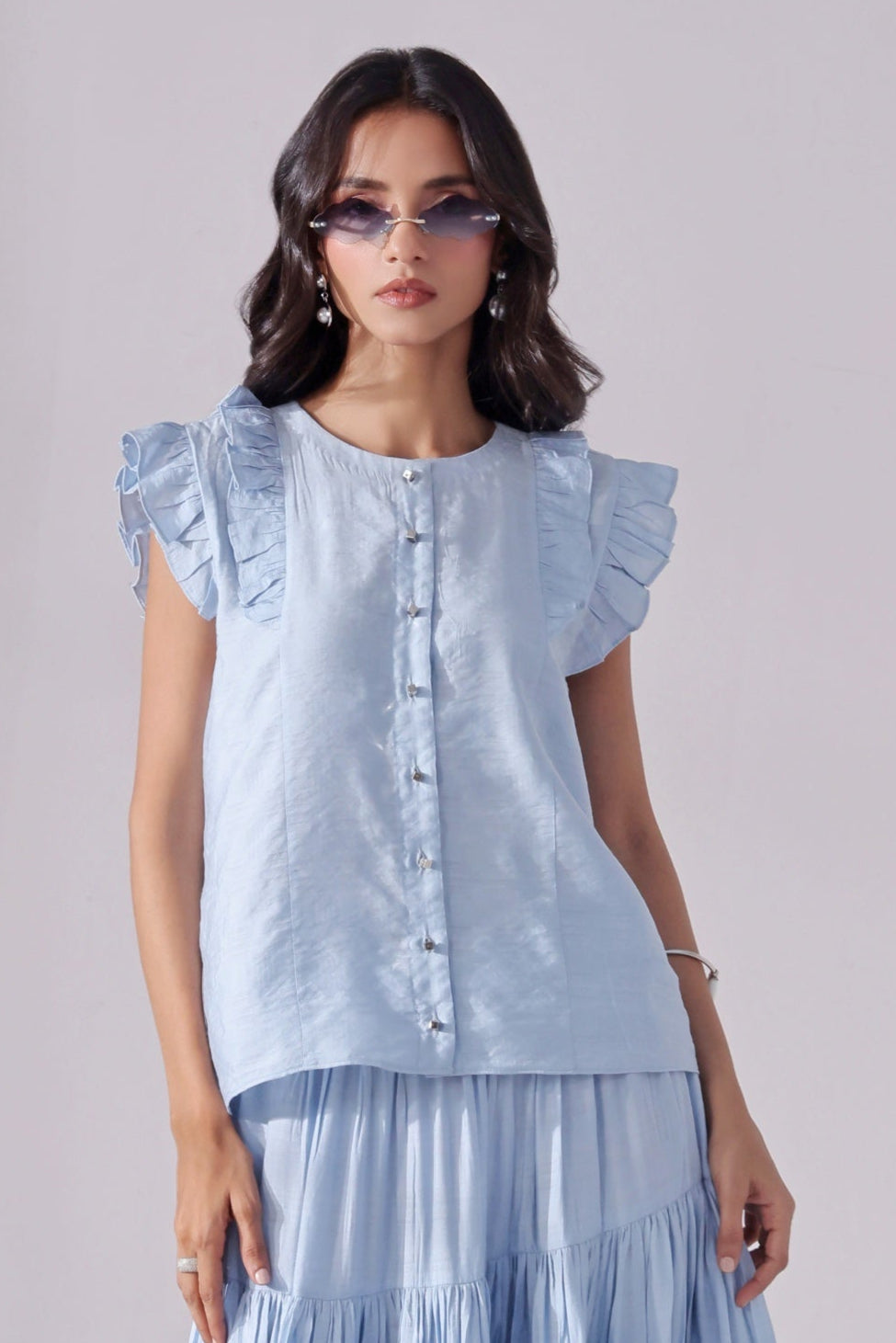 Ora Fashion Stitched Shirts Suit-Sky Chic Crop Top