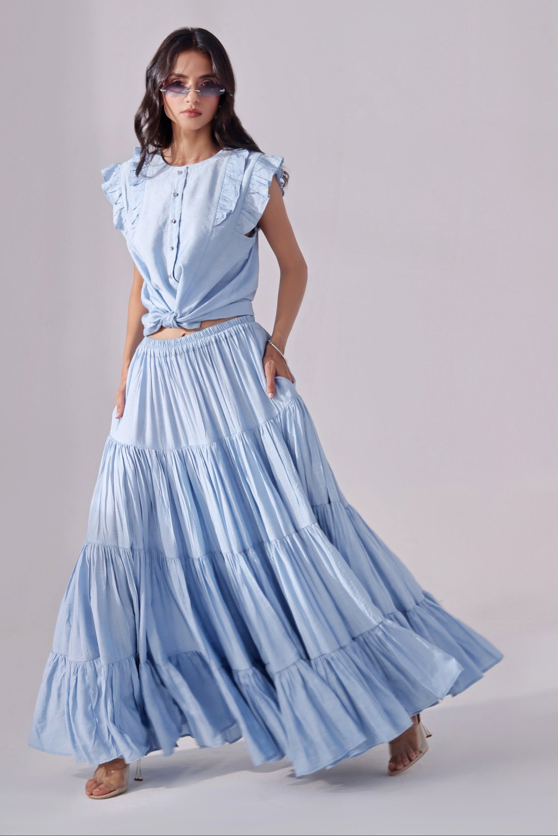 Ora Fashion Stitched 2 Piece Summer Collection'2025-Sky Tiered Skirt & Chic Crop Top Set