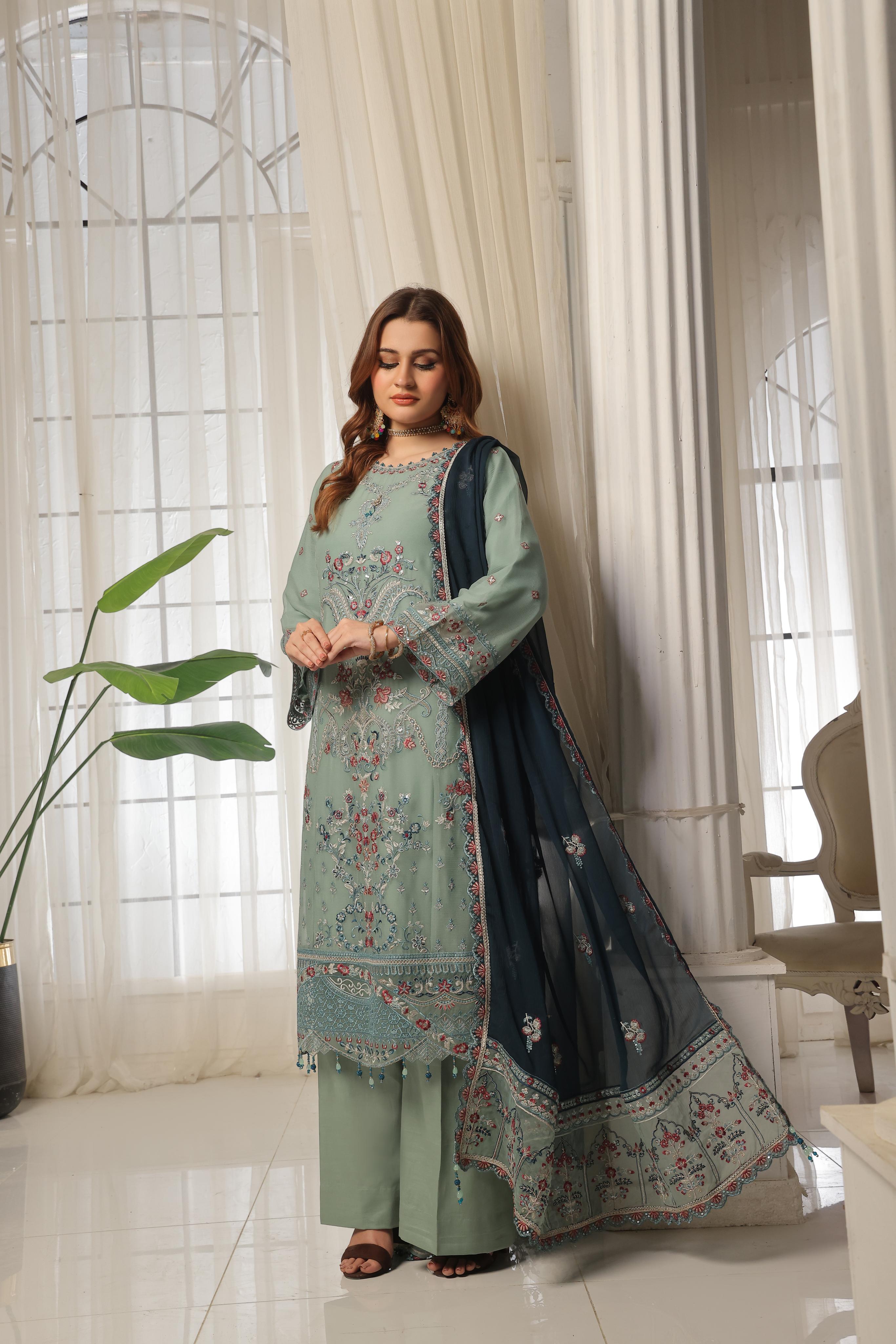 Dressline Lunching New 3 Piece Semi Stitched Luxury Emb ChikankariWith Boring Work Chiffon Collection