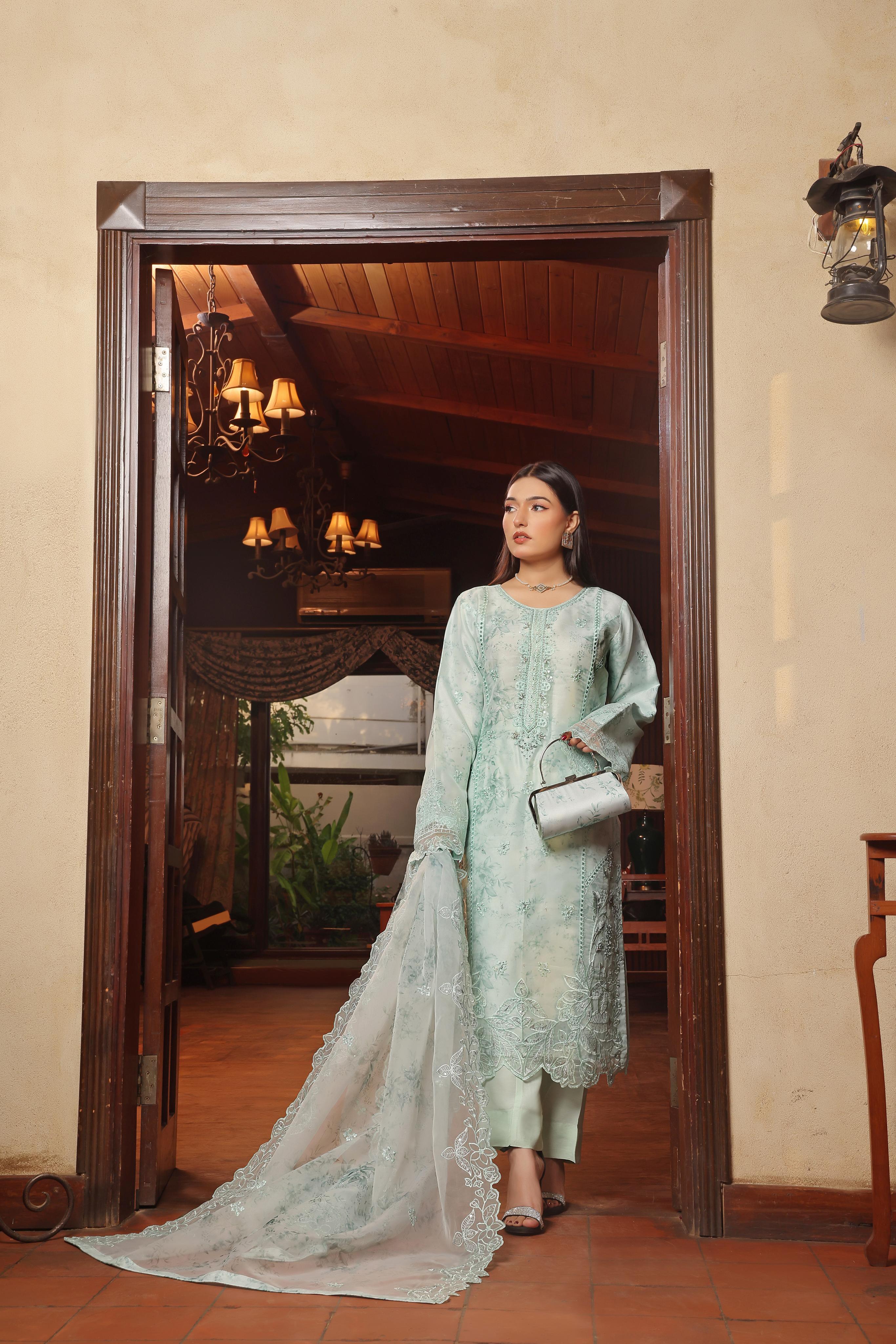 Dressline Sharjeena(Light) Semi Stitched 3 Piece Emb Luxury Organza Collection